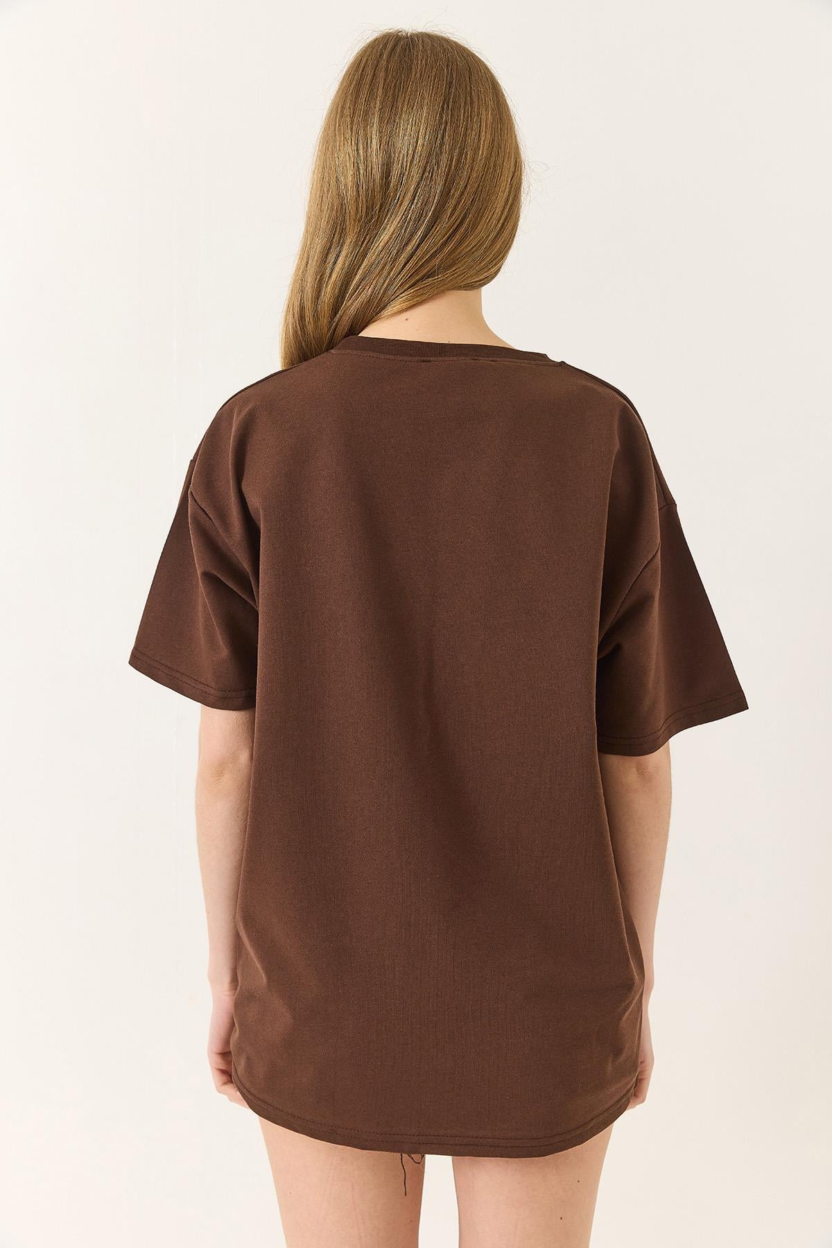 Baskılı Oversize Kısa Kollu Basic T-Shirt 60284034 - Acı Kahve