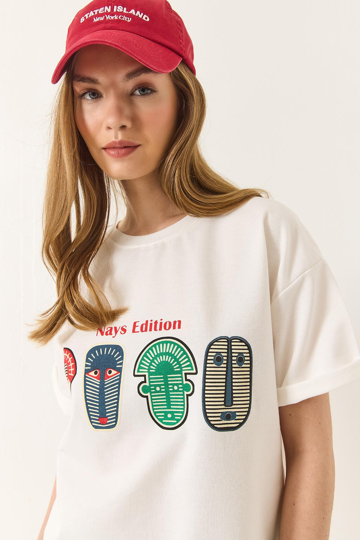 Baskılı Oversize Kısa Kollu Basic T-Shirt 60284034 - Beyaz