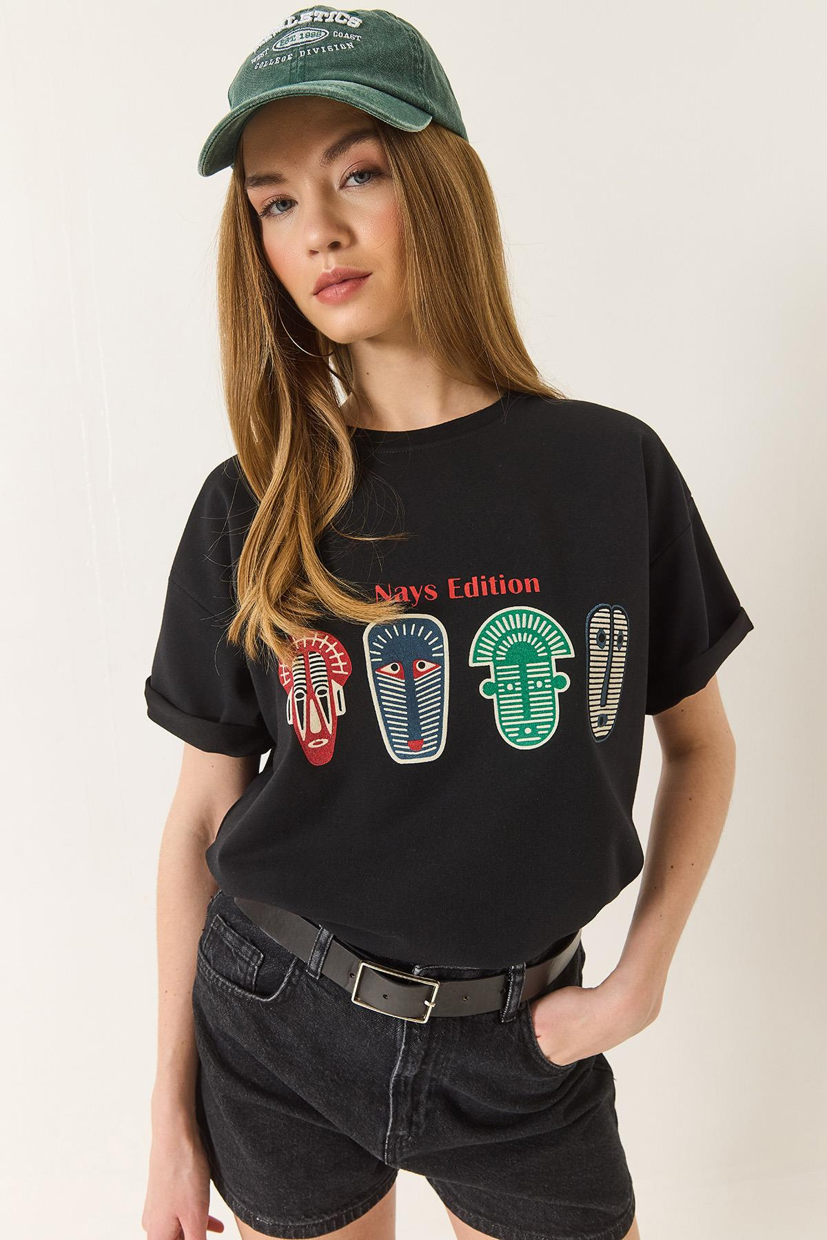 Baskılı Oversize Kısa Kollu Basic T-Shirt 60284034 - Siyah
