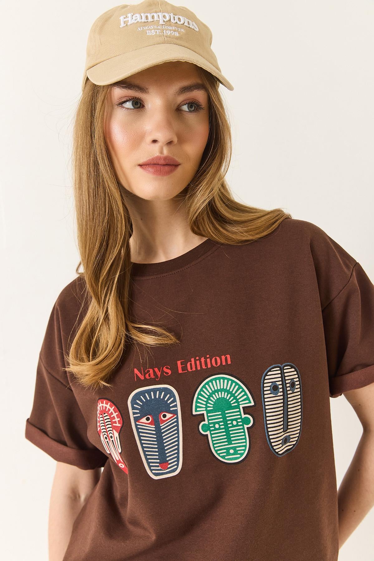 Baskılı Oversize Kısa Kollu Basic T-Shirt 60284034 - Acı Kahve