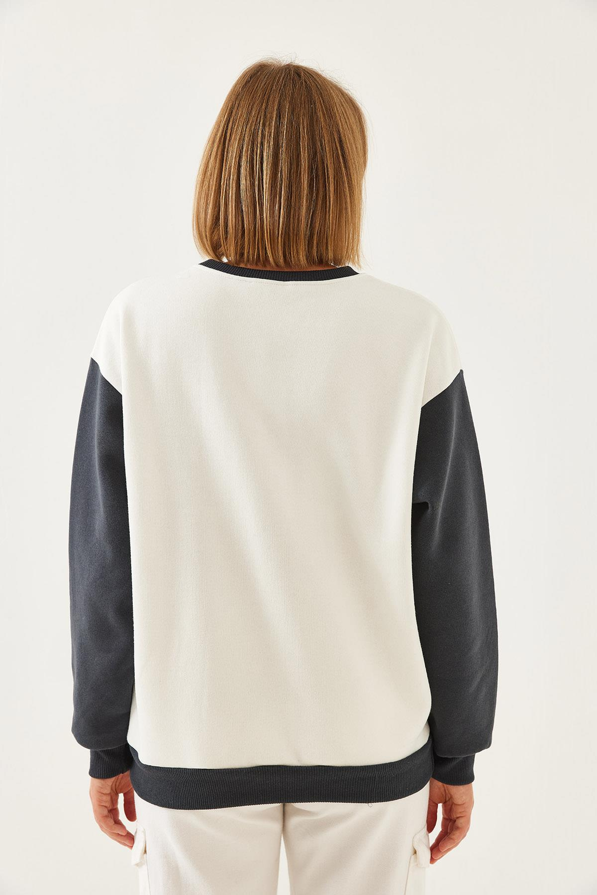 Baskılı Parçalı Sweatshirt 60351255 - Beyaz-Gri