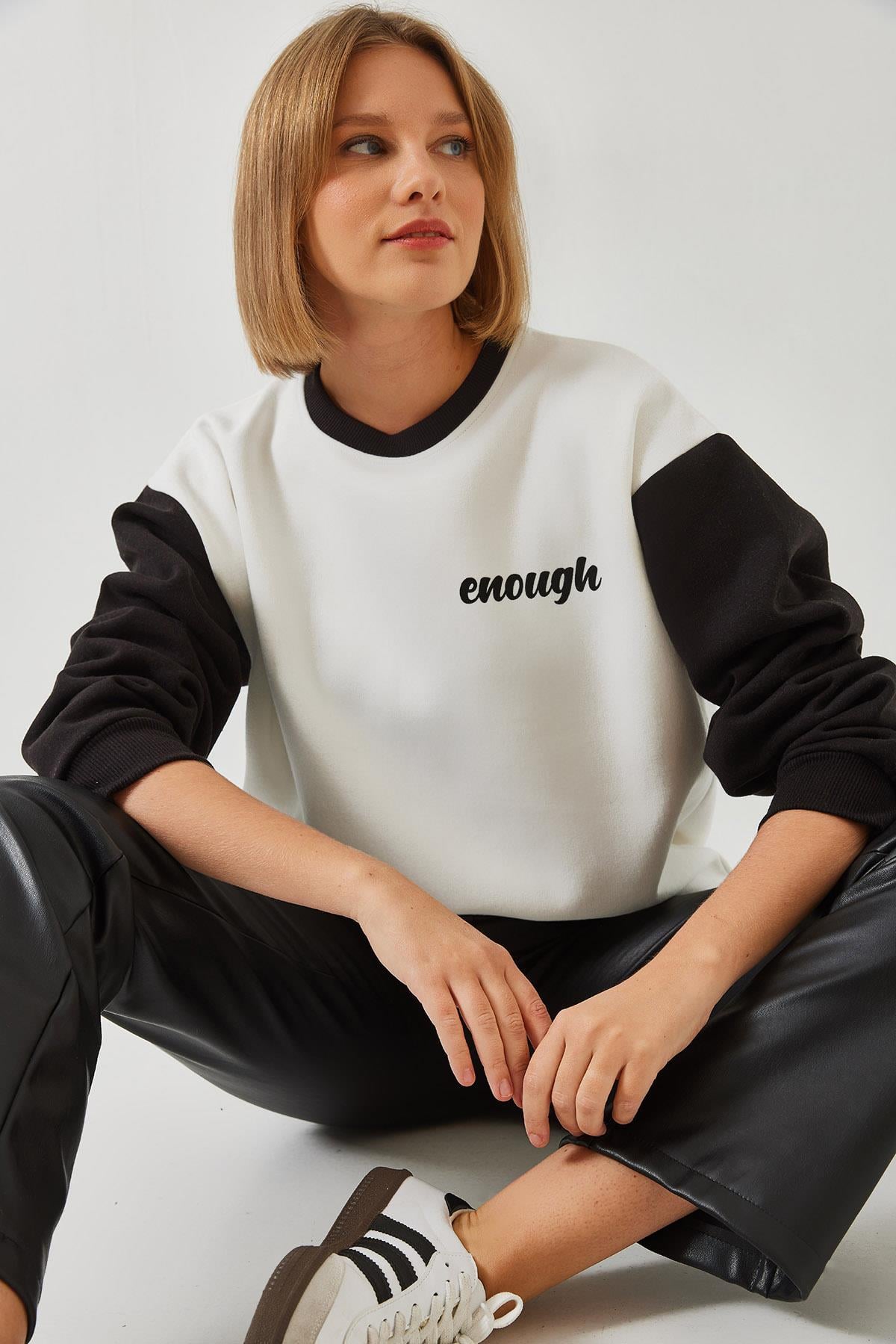 Baskılı Parçalı Sweatshirt 60351255 - Beyaz-Siyah