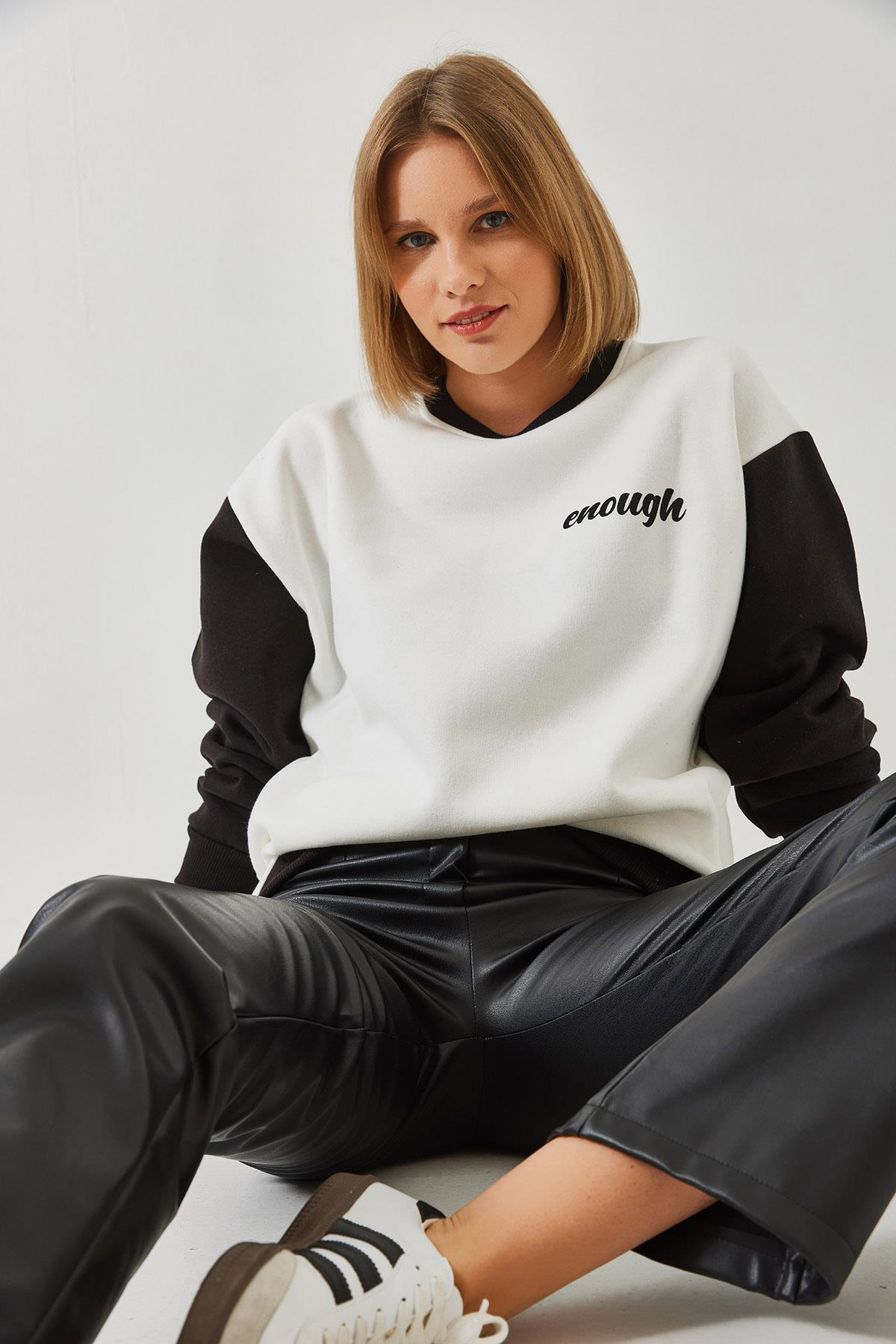 Baskılı Parçalı Sweatshirt 60351255 - Beyaz-Siyah