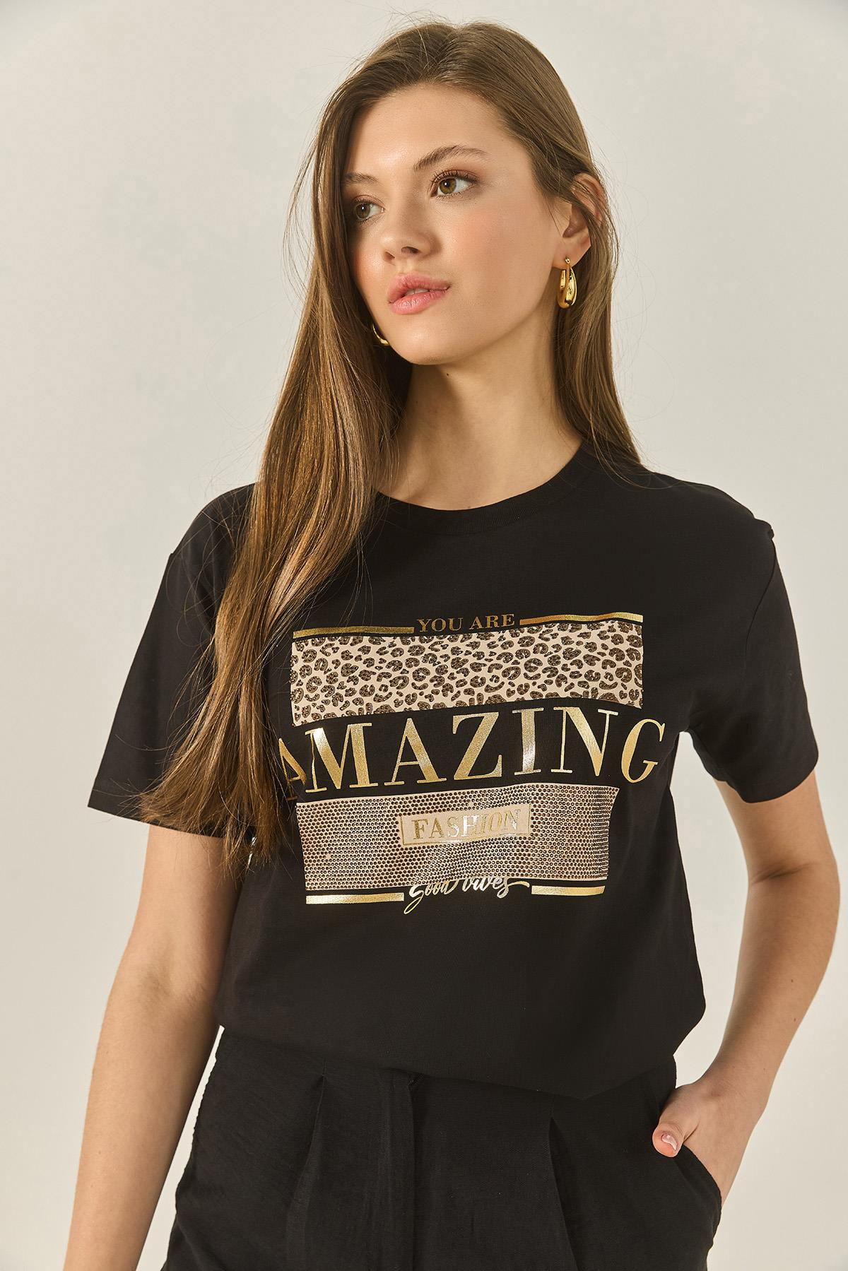 Baskılı Taş Detaylı Normal Kalıp Pamuklu T-Shirt 8136 60283302 - Siyah