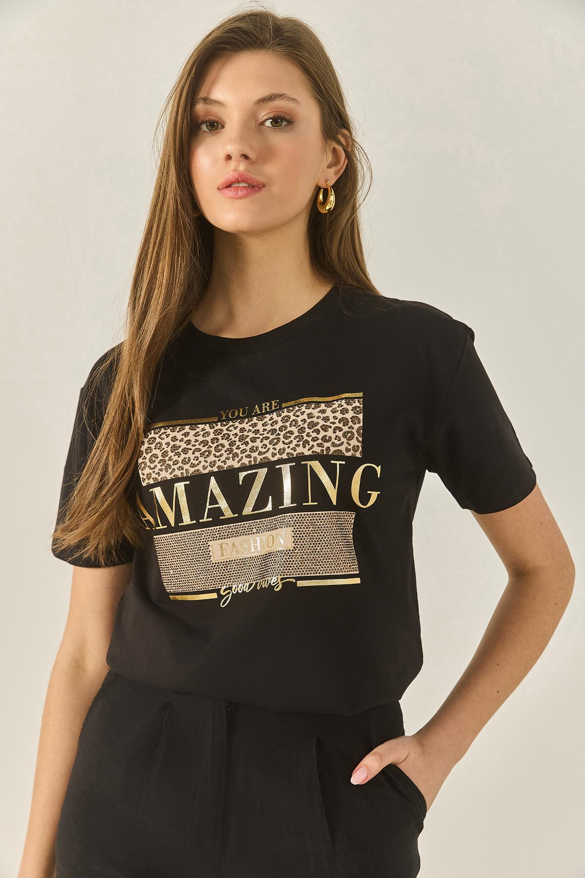 Baskılı Taş Detaylı Normal Kalıp Pamuklu T-Shirt 8136 60283302 - Siyah