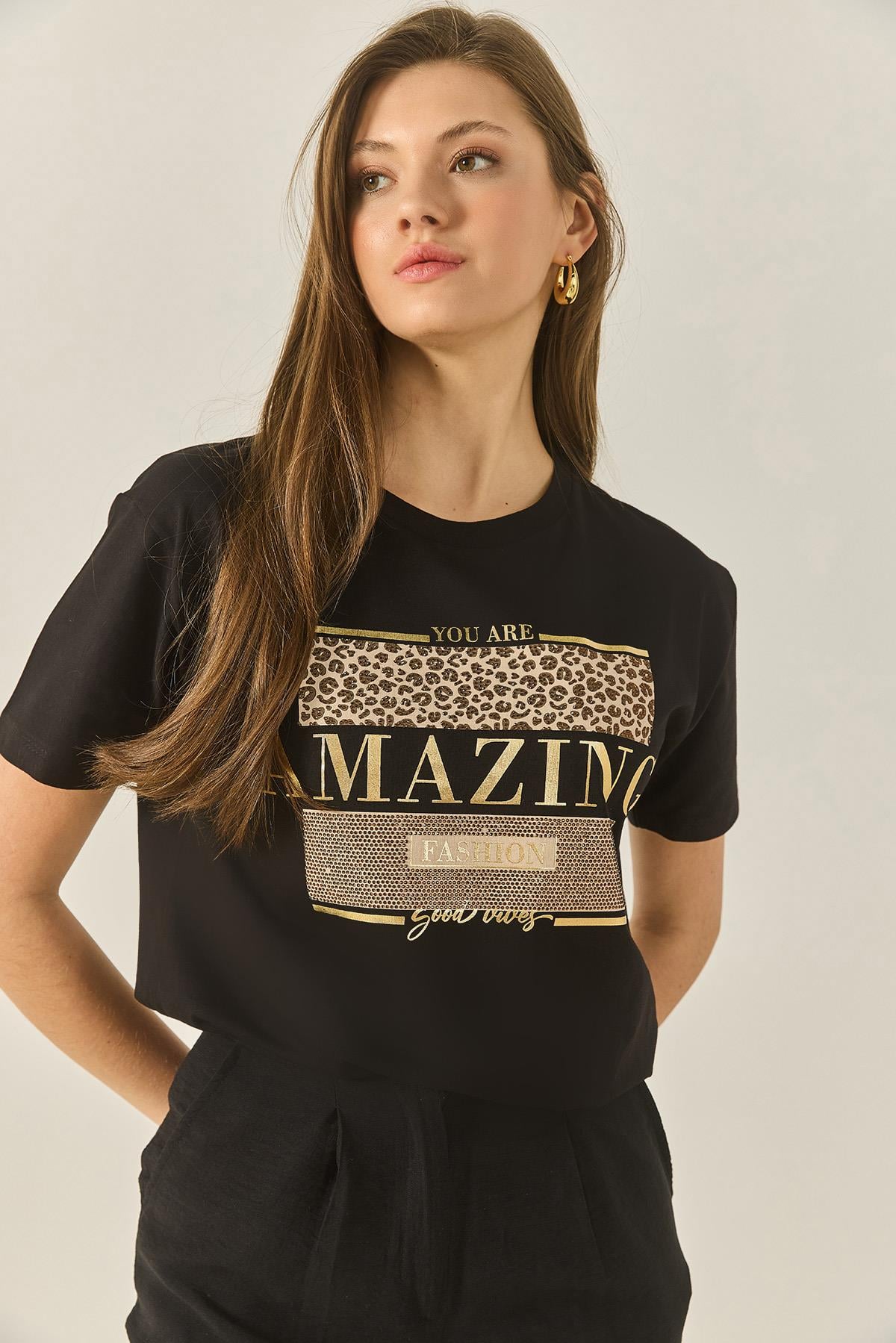 Baskılı Taş Detaylı Normal Kalıp Pamuklu T-Shirt 8136 60283302 - Siyah
