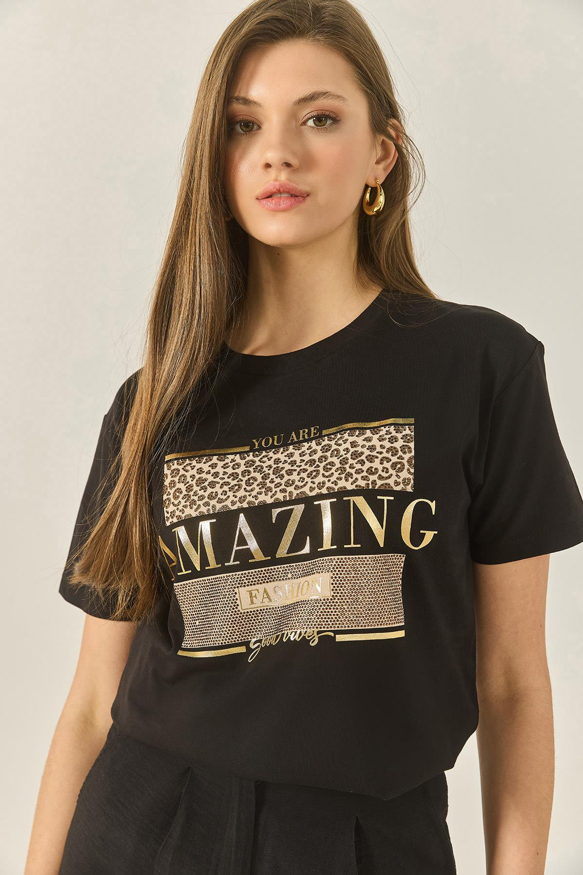 Baskılı Taş Detaylı Normal Kalıp Pamuklu T-Shirt 8136 60283302 - Siyah
