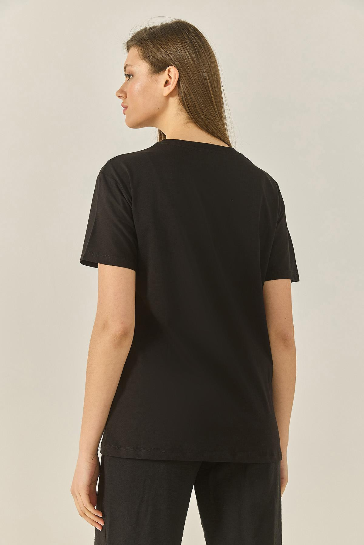 Baskılı Taş Detaylı Normal Kalıp Pamuklu T-Shirt 8136 60283302 - Siyah