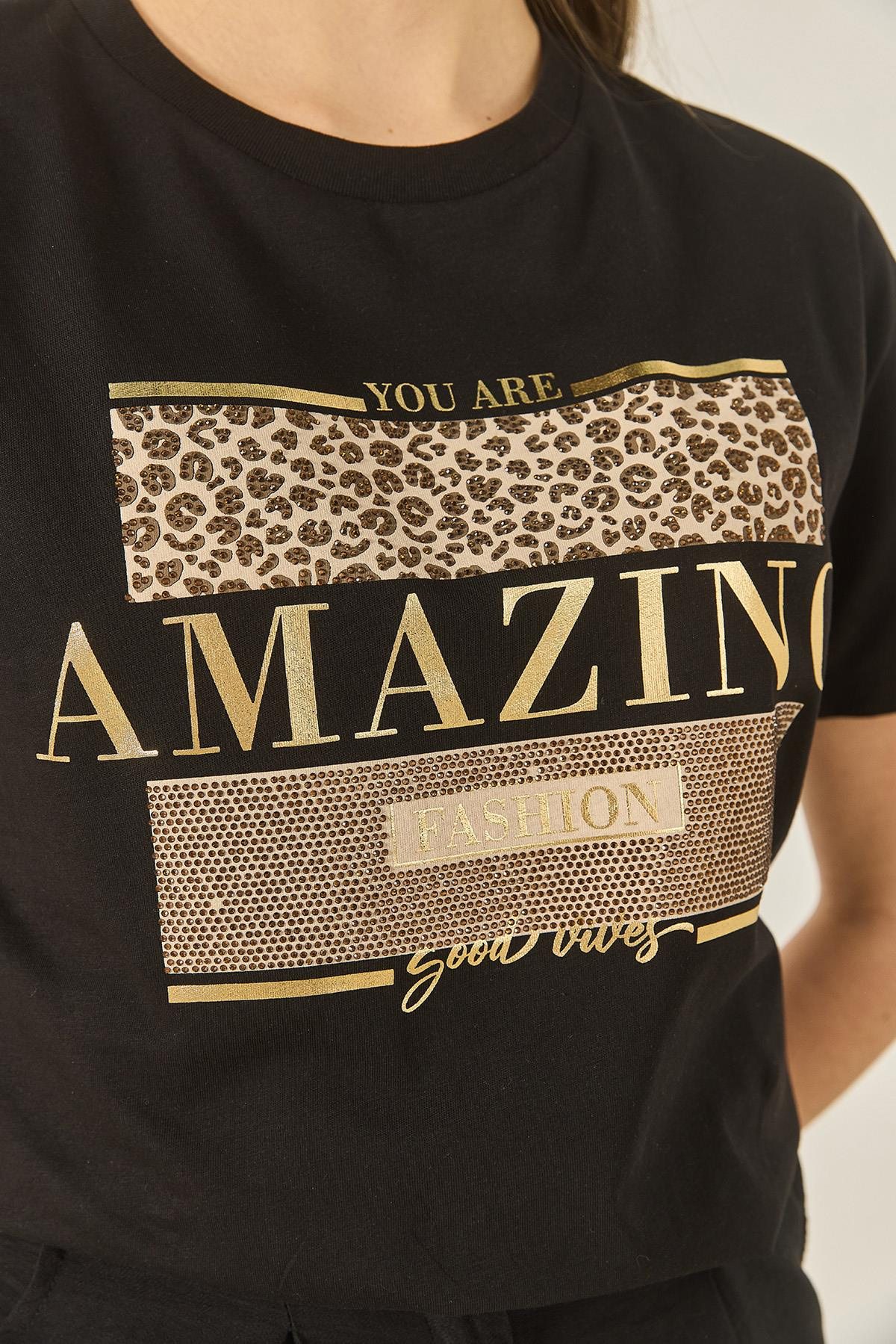 Baskılı Taş Detaylı Normal Kalıp Pamuklu T-Shirt 8136 60283302 - Siyah