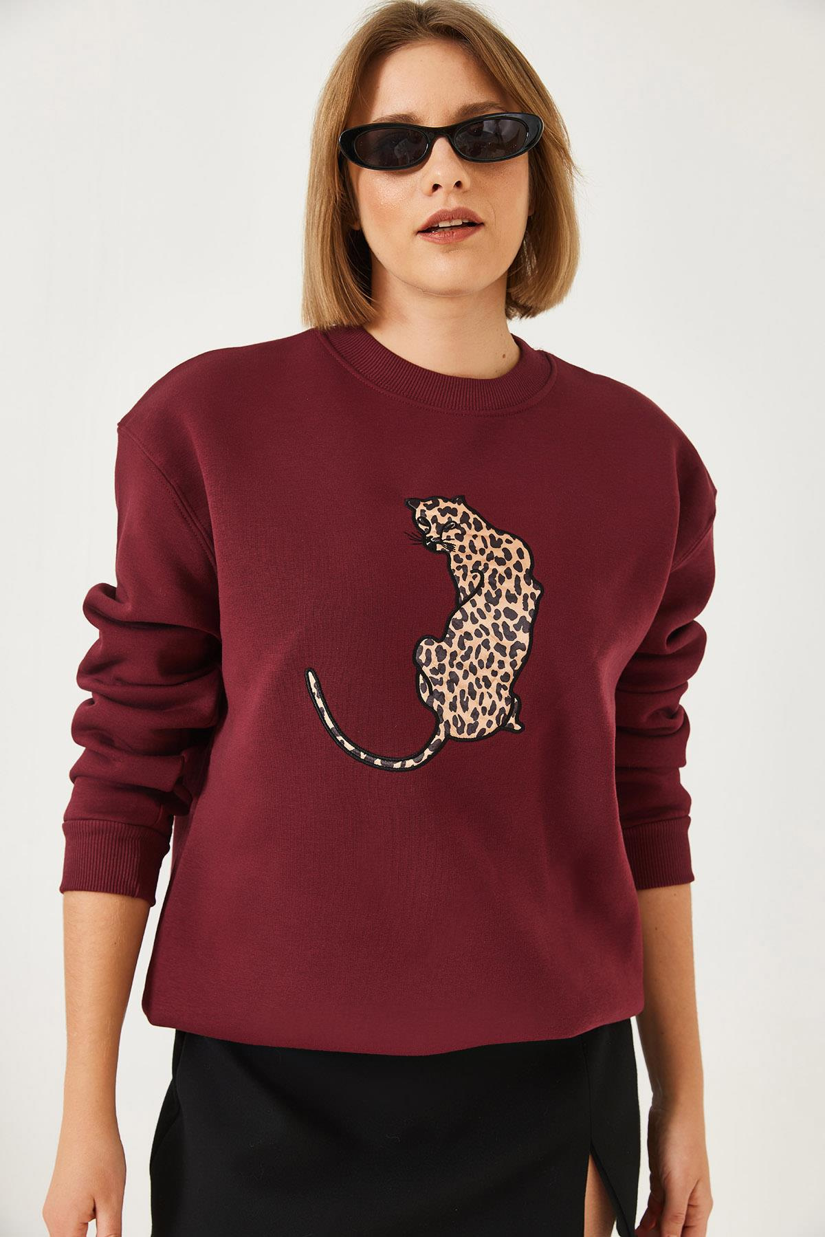Baskılı Üç İplik Şardonlu Oversize Sweatshirt 60261318 - Bordo