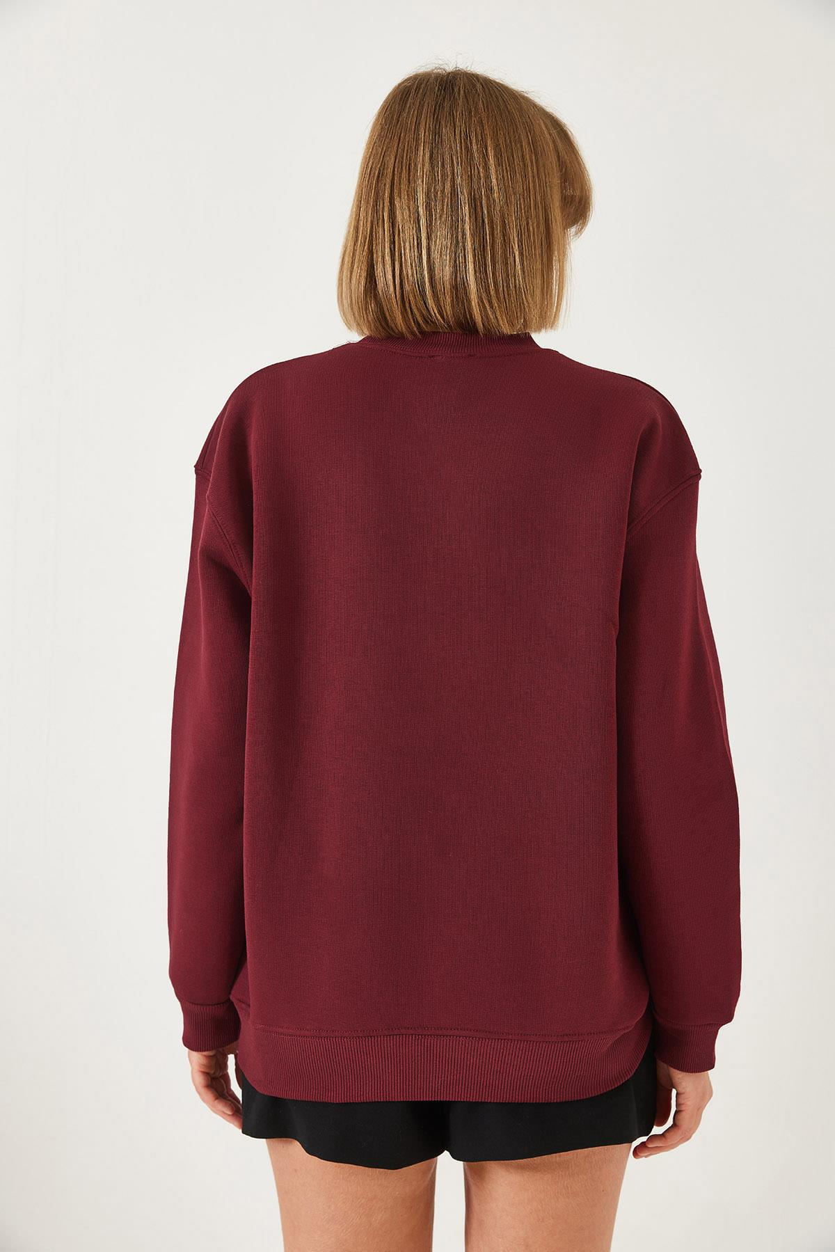 Baskılı Üç İplik Şardonlu Oversize Sweatshirt 60261318 - Bordo