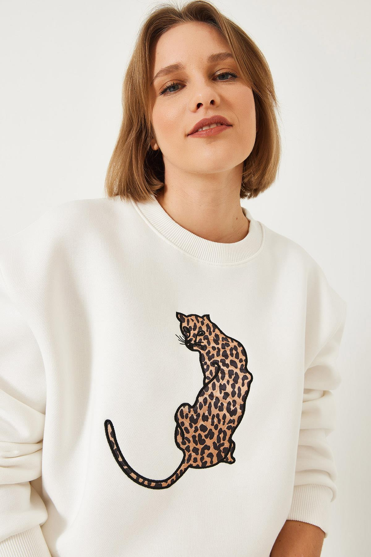 Baskılı Üç İplik Şardonlu Oversize Sweatshirt 60261318 - Beyaz