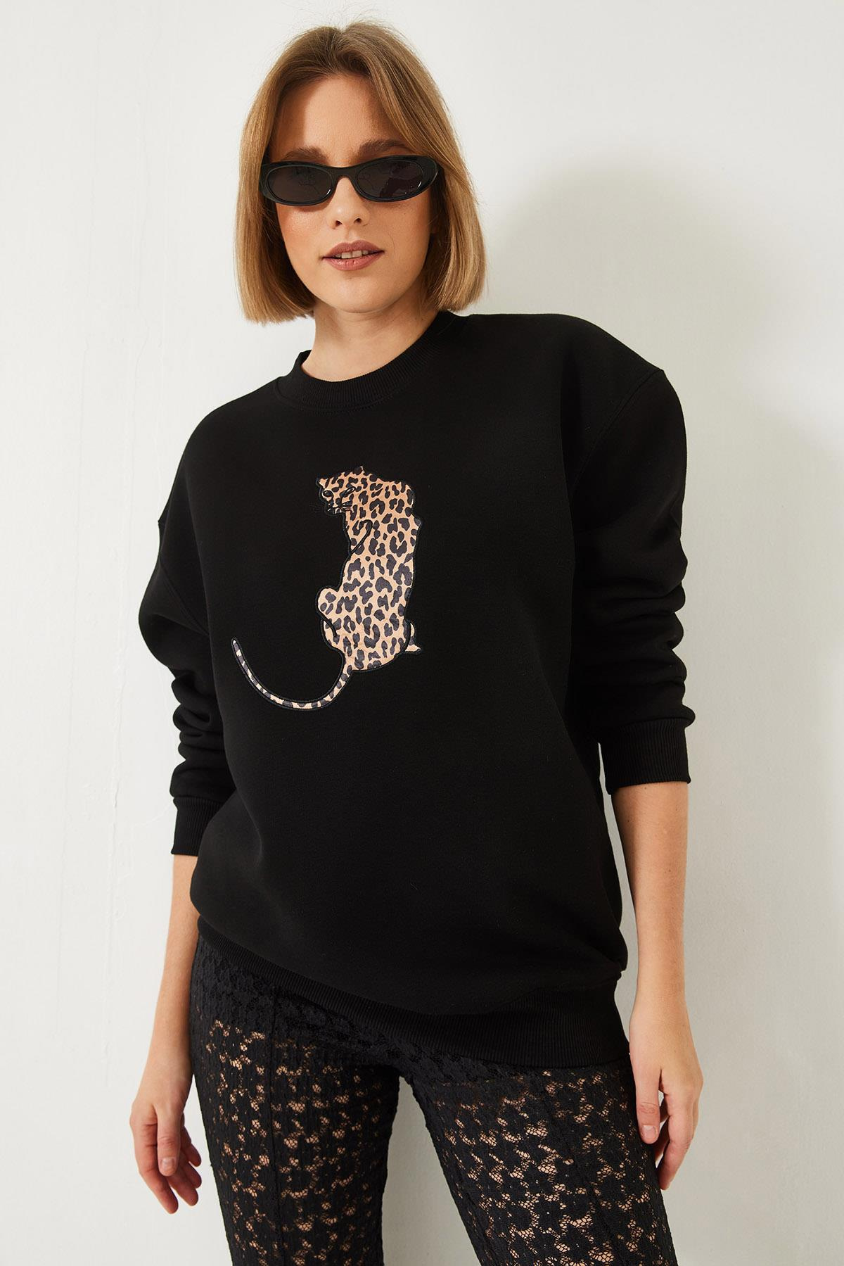 Baskılı Üç İplik Şardonlu Oversize Sweatshirt 60261318 - Siyah