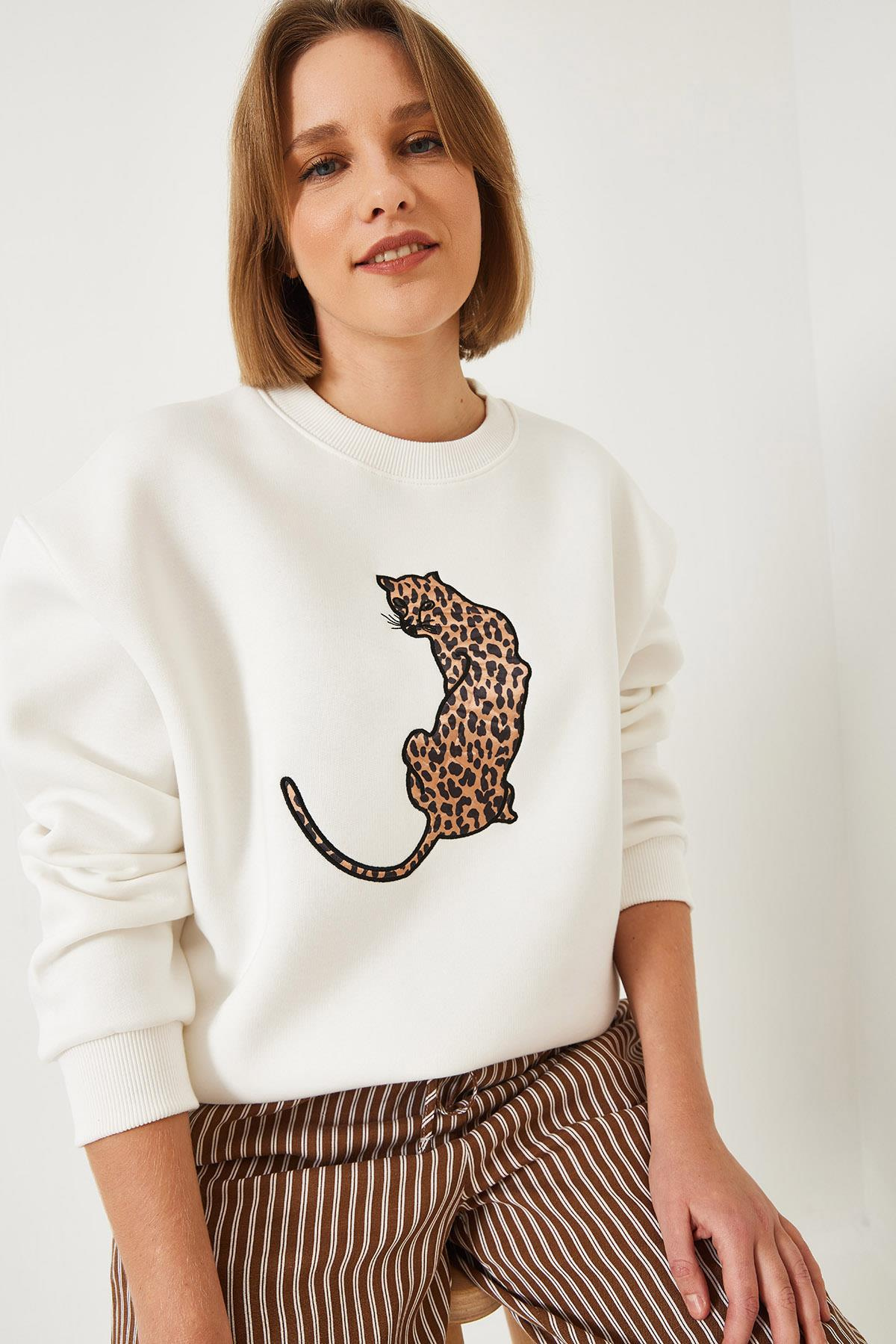 Baskılı Üç İplik Şardonlu Oversize Sweatshirt 60261318 - Beyaz