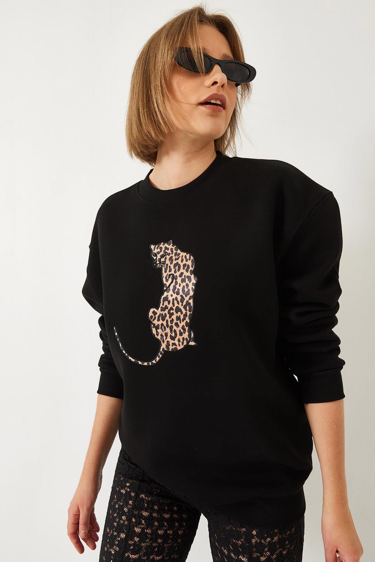 Baskılı Üç İplik Şardonlu Oversize Sweatshirt 60261318 - Siyah