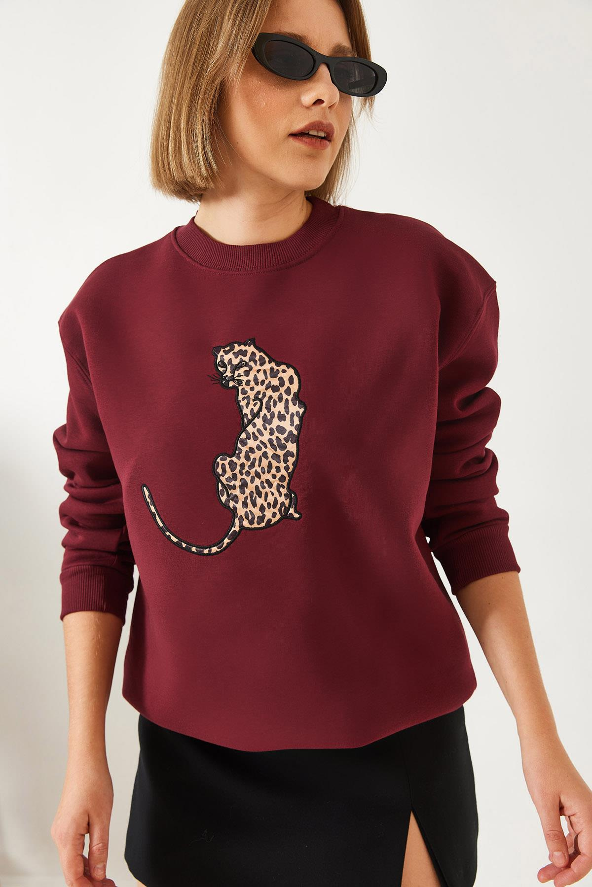Baskılı Üç İplik Şardonlu Oversize Sweatshirt 60261318 - Bordo
