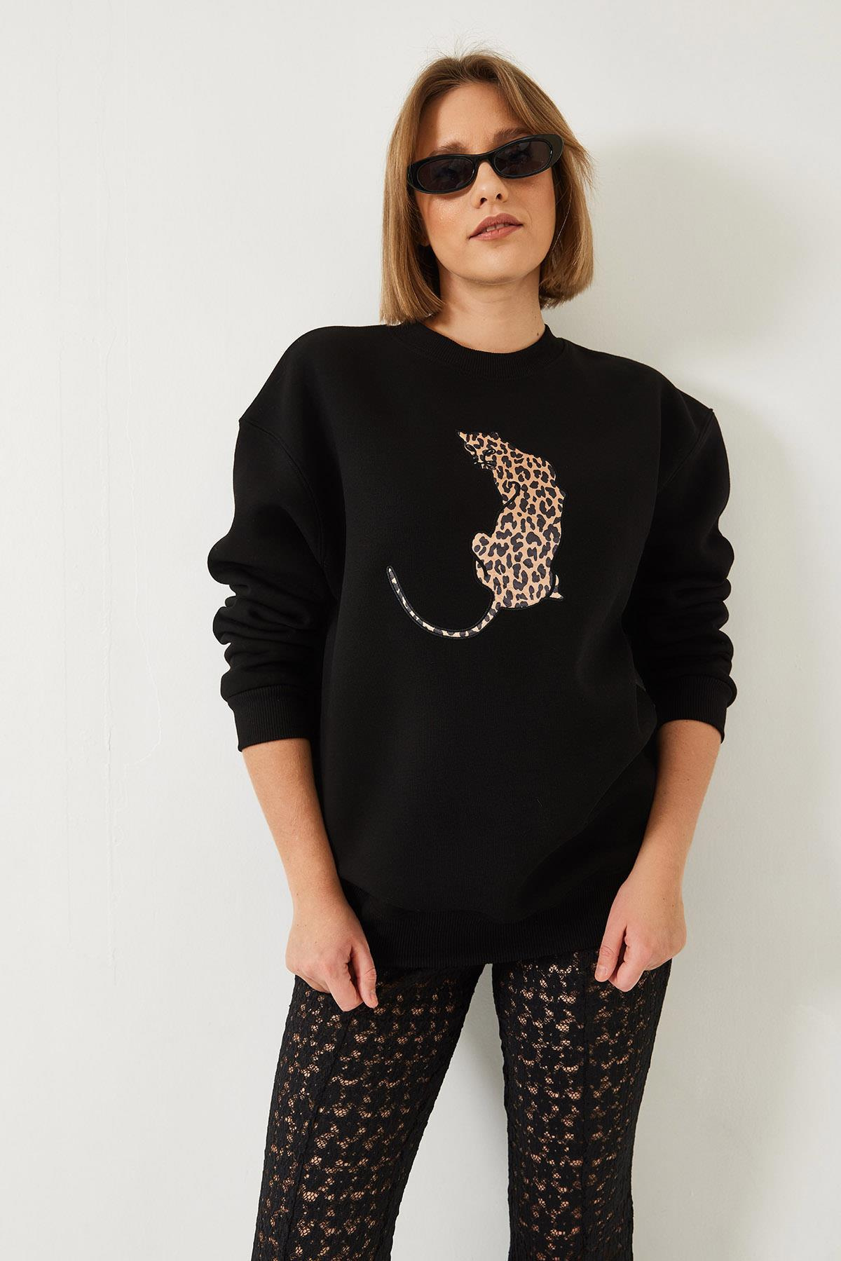 Baskılı Üç İplik Şardonlu Oversize Sweatshirt 60261318 - Siyah