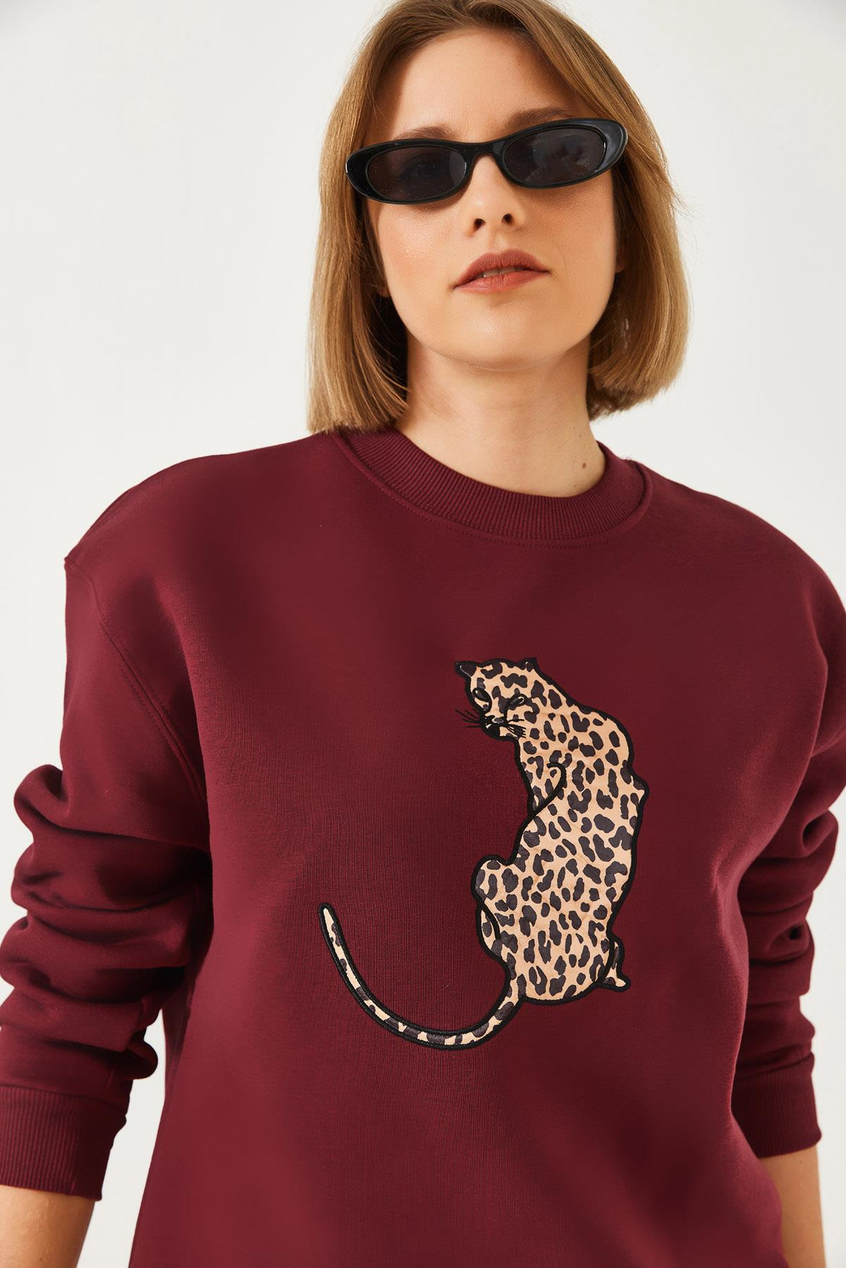 Baskılı Üç İplik Şardonlu Oversize Sweatshirt 60261318 - Bordo