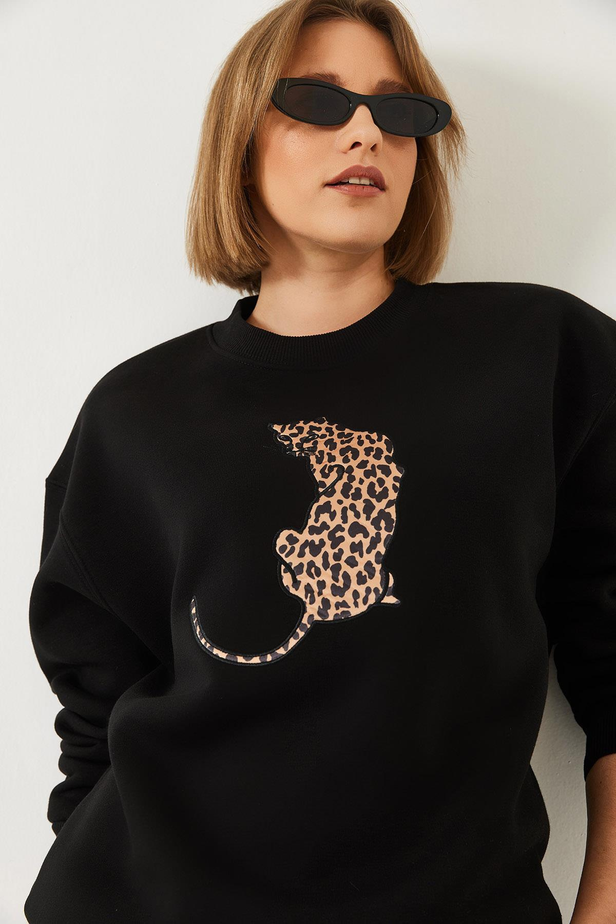 Baskılı Üç İplik Şardonlu Oversize Sweatshirt 60261318 - Siyah