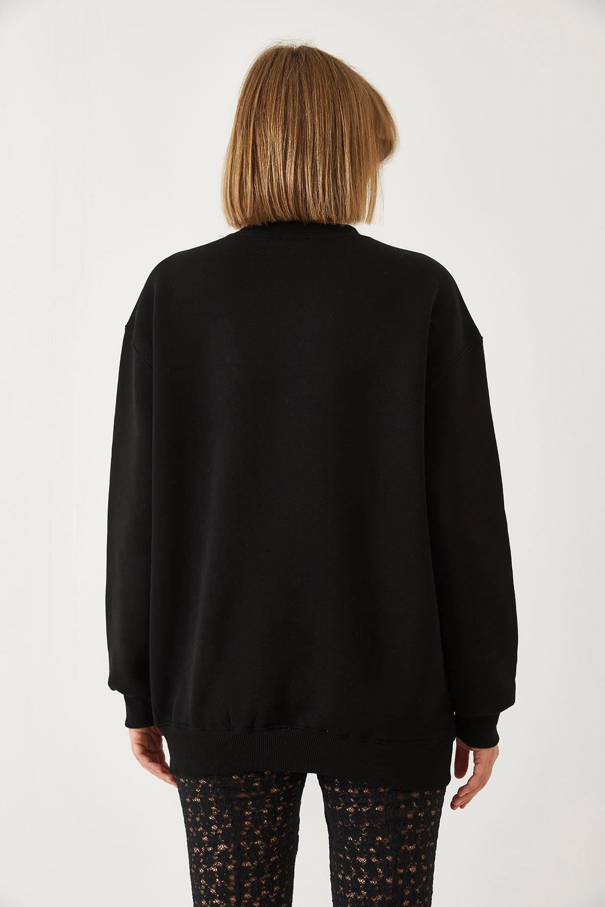 Baskılı Üç İplik Şardonlu Oversize Sweatshirt 60261318 - Siyah