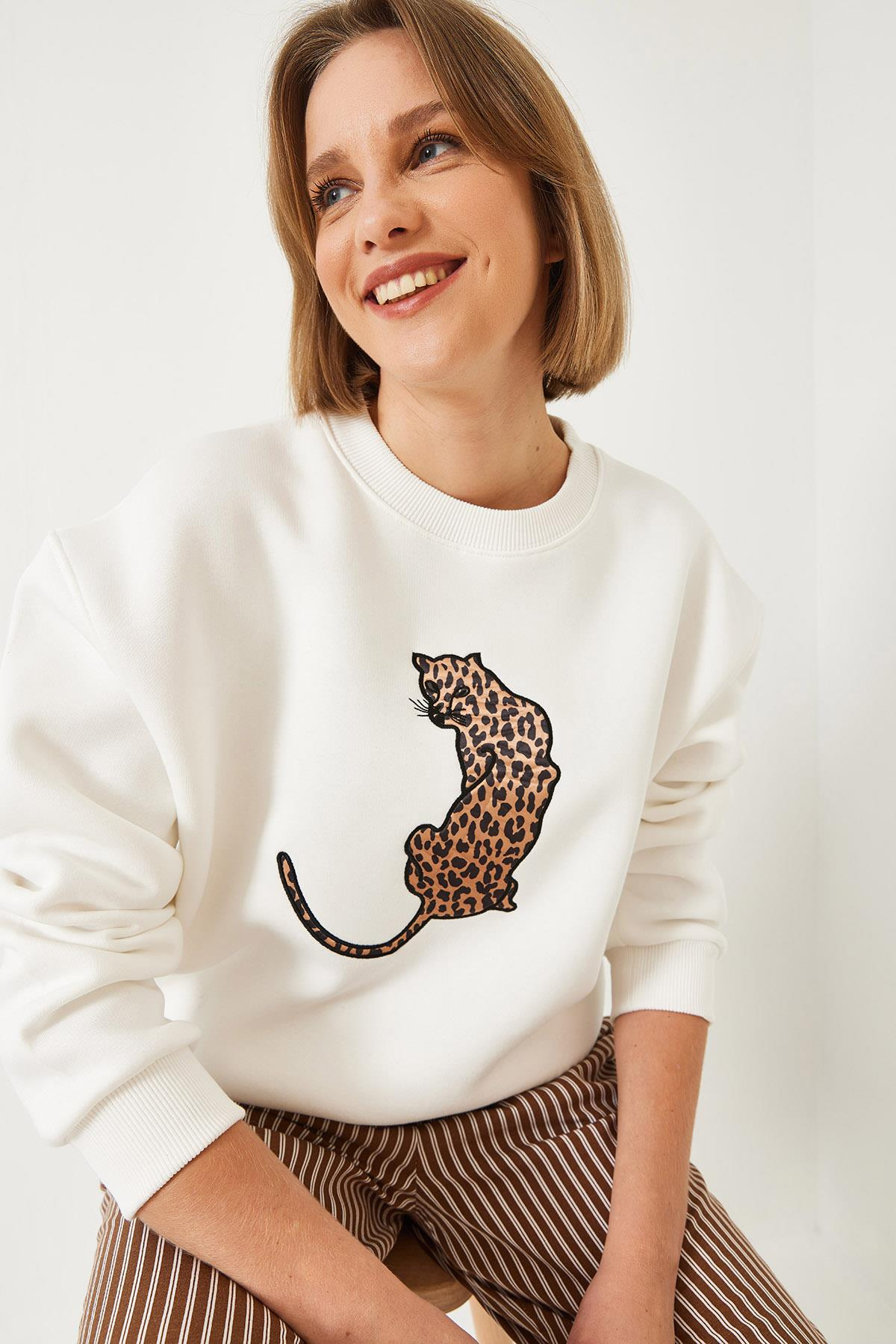 Baskılı Üç İplik Şardonlu Oversize Sweatshirt 60261318 - Beyaz