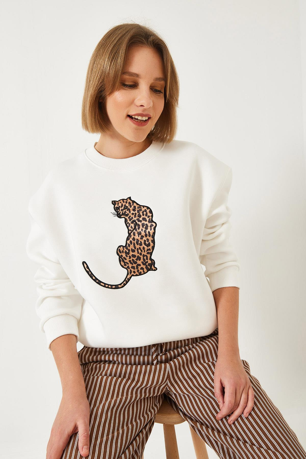 Baskılı Üç İplik Şardonlu Oversize Sweatshirt 60261318 - Beyaz