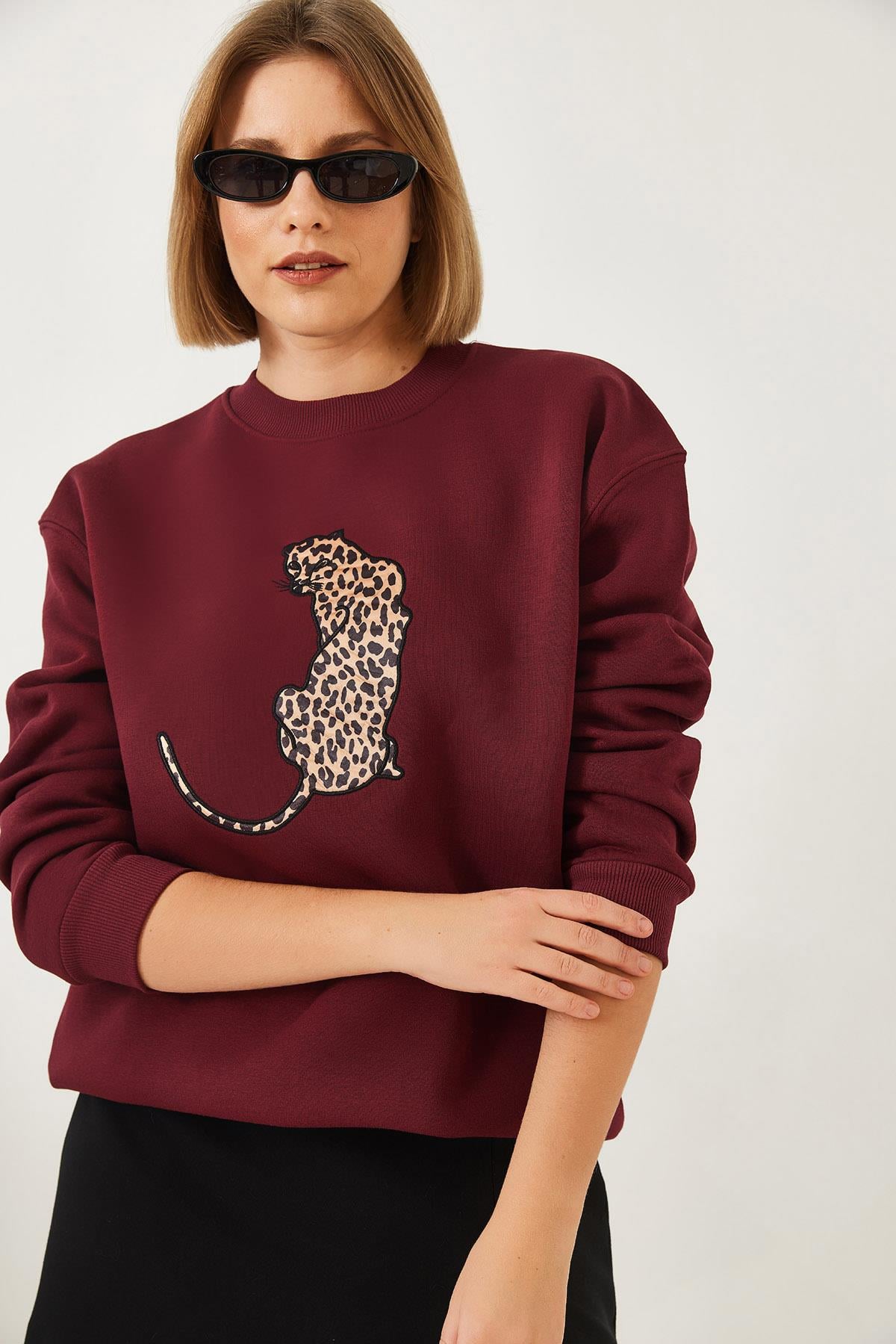 Baskılı Üç İplik Şardonlu Oversize Sweatshirt 60261318 - Bordo
