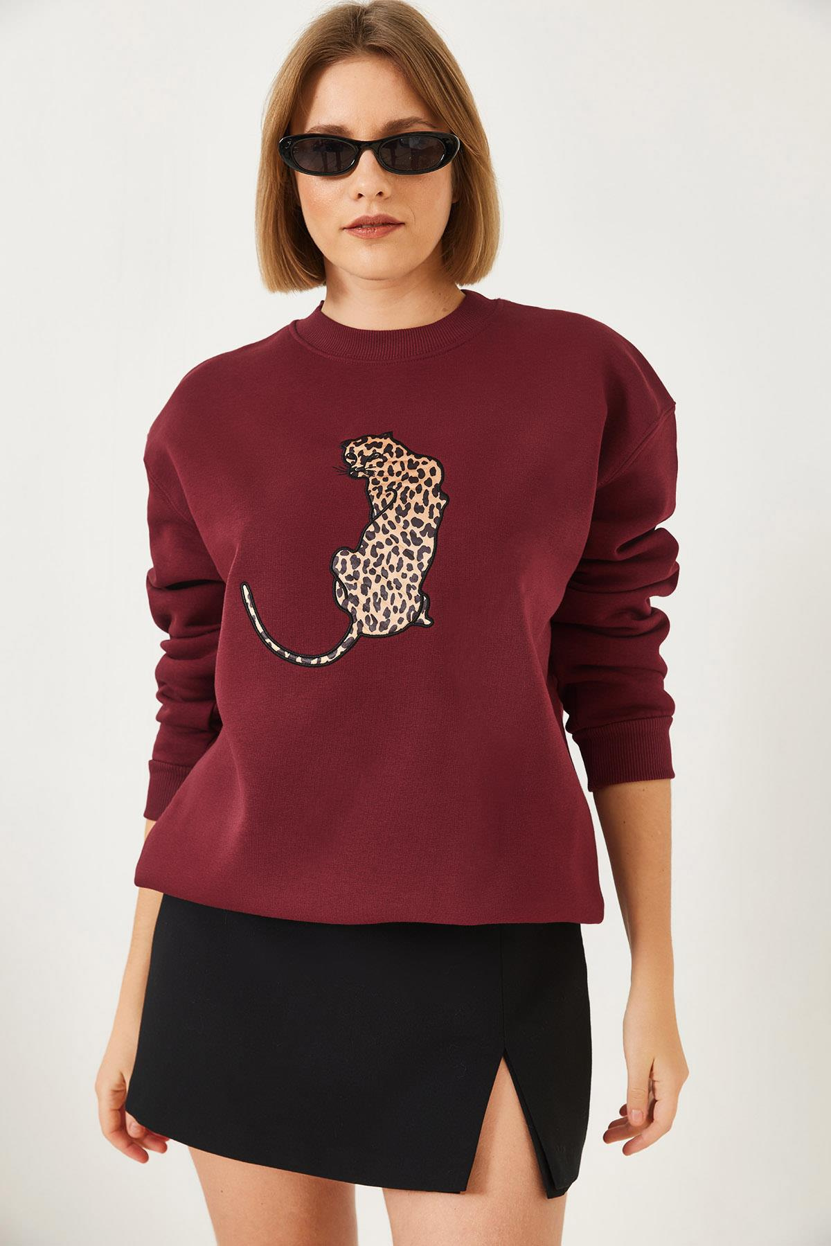 Baskılı Üç İplik Şardonlu Oversize Sweatshirt 60261318 - Bordo