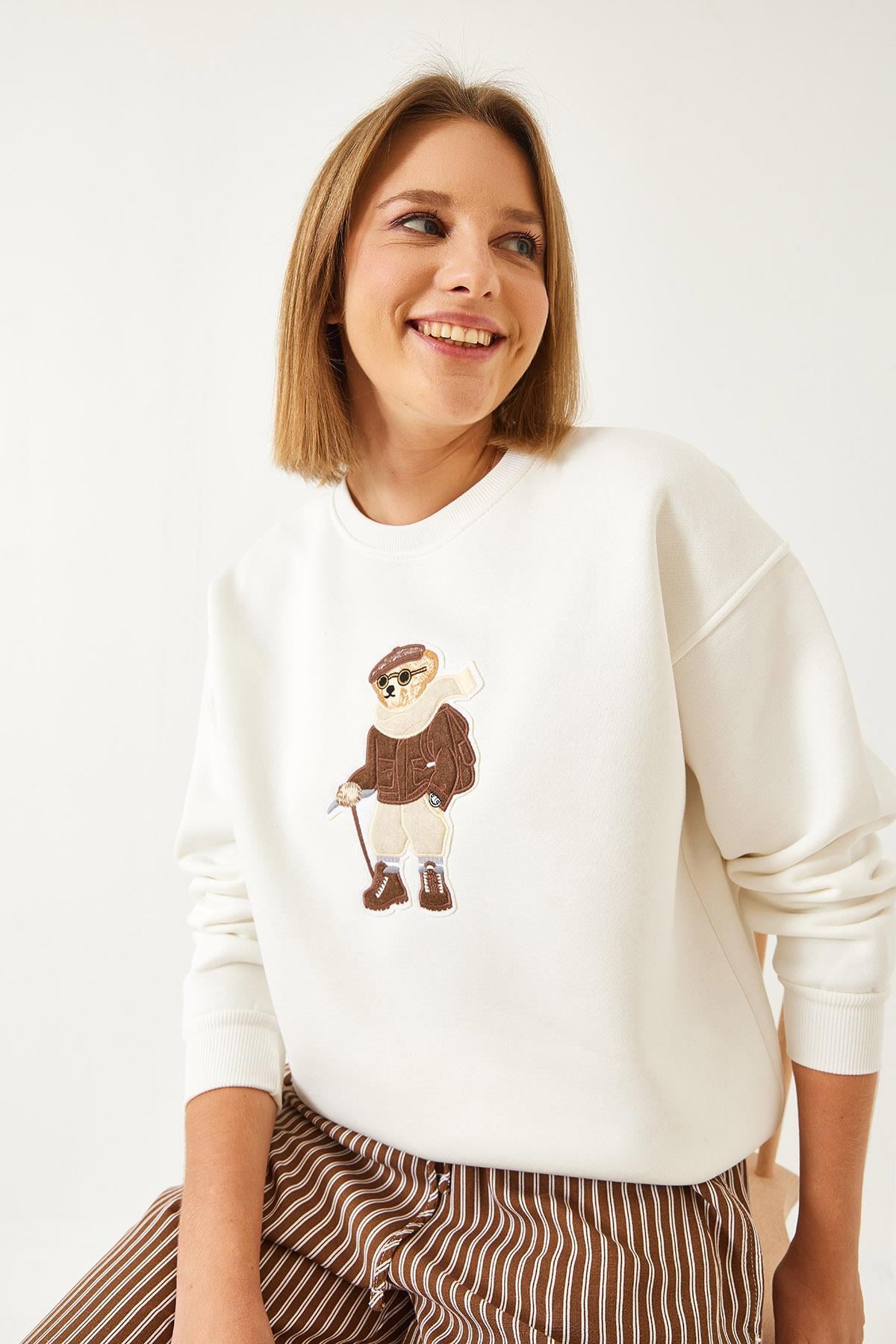 Baskılı Üç İplik Şardonlu Sweatshirt 60351295 - Beyaz