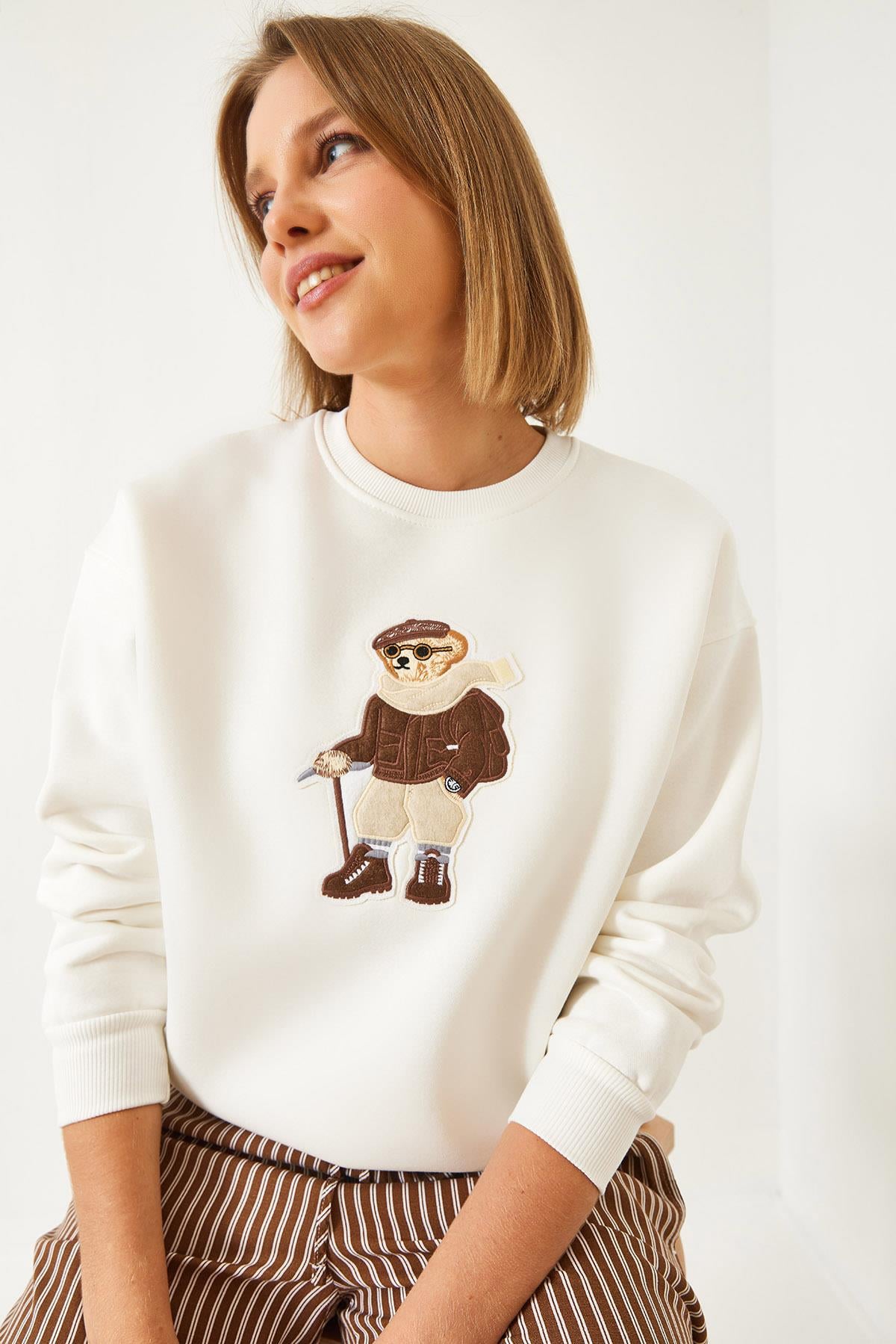 Baskılı Üç İplik Şardonlu Sweatshirt 60351295 - Beyaz