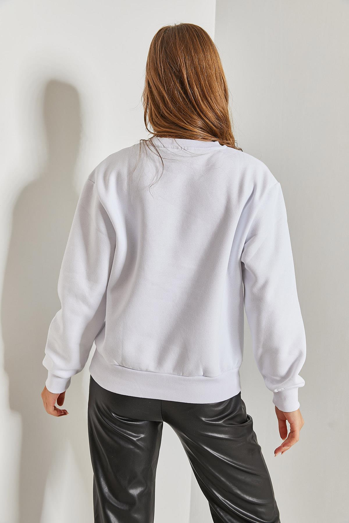 Baskılı Üç İplik Şardonlu Sweatshirt - Beyaz SWEATSHİRT modelleri
