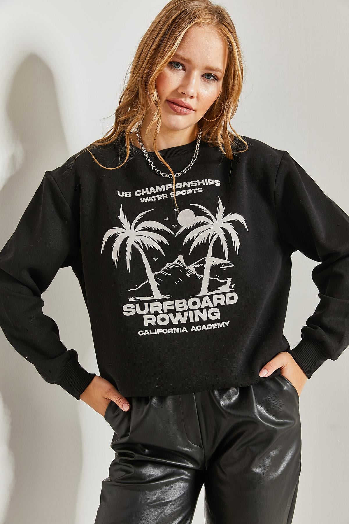 Baskılı Üç İplik Şardonlu Sweatshirt - Siyah SWEATSHİRT modelleri