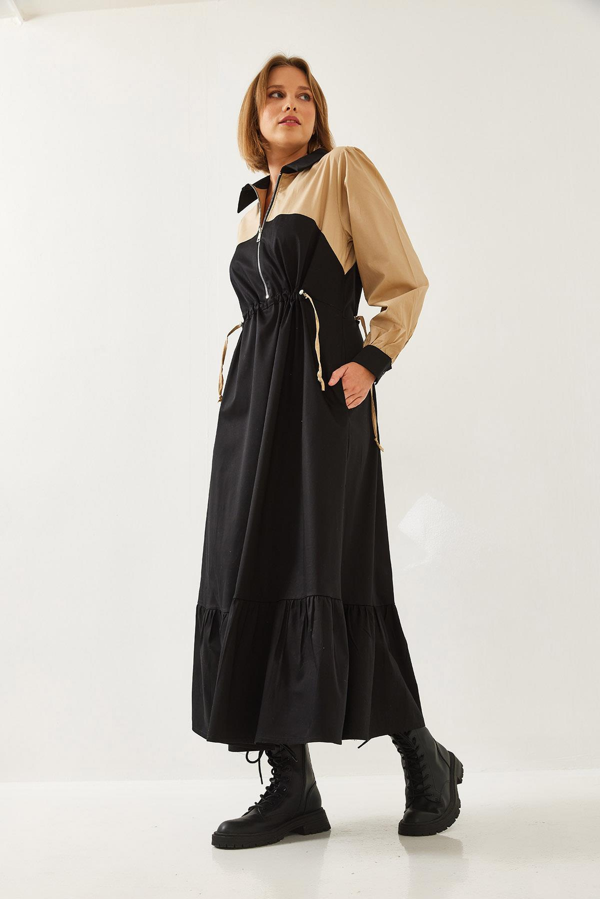 Bebe Yaka Beli Lastikli Uzun Kloş Elbise 8122 60351249 - Siyah-Bej