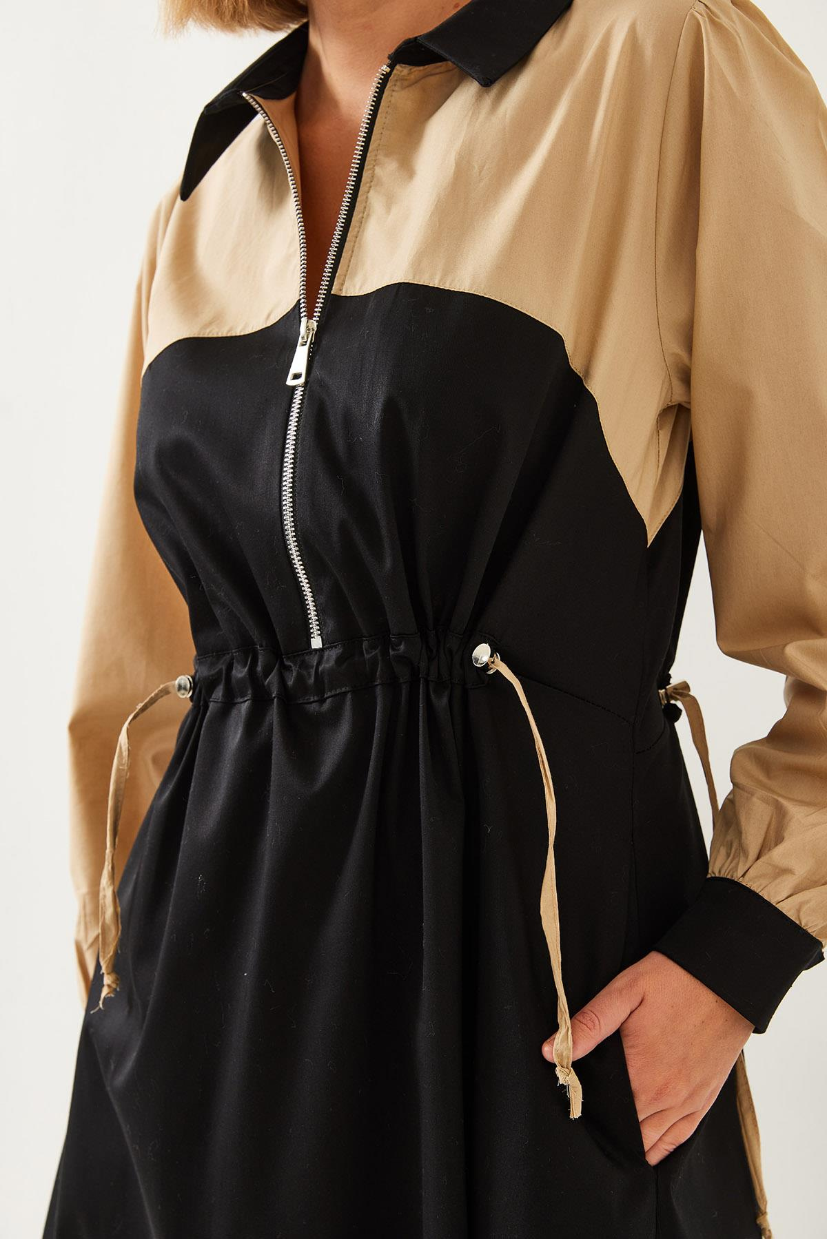 Bebe Yaka Beli Lastikli Uzun Kloş Elbise 8122 60351249 - Siyah-Bej