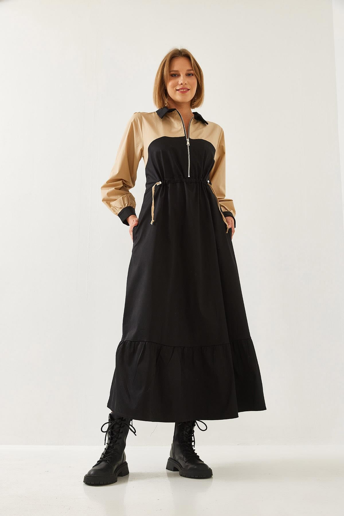 Bebe Yaka Beli Lastikli Uzun Kloş Elbise 8122 60351249 - Siyah-Bej
