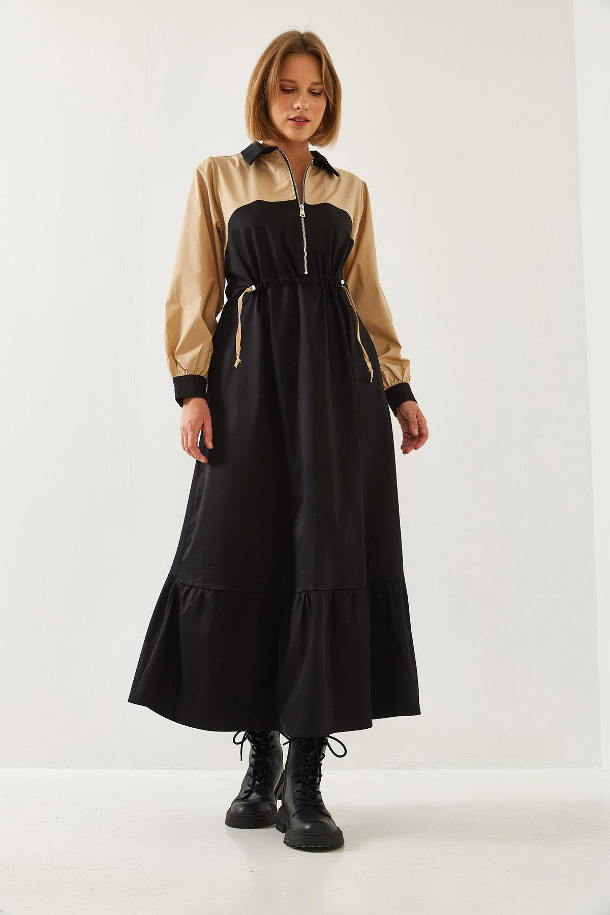 Bebe Yaka Beli Lastikli Uzun Kloş Elbise 8122 60351249 - Siyah-Bej