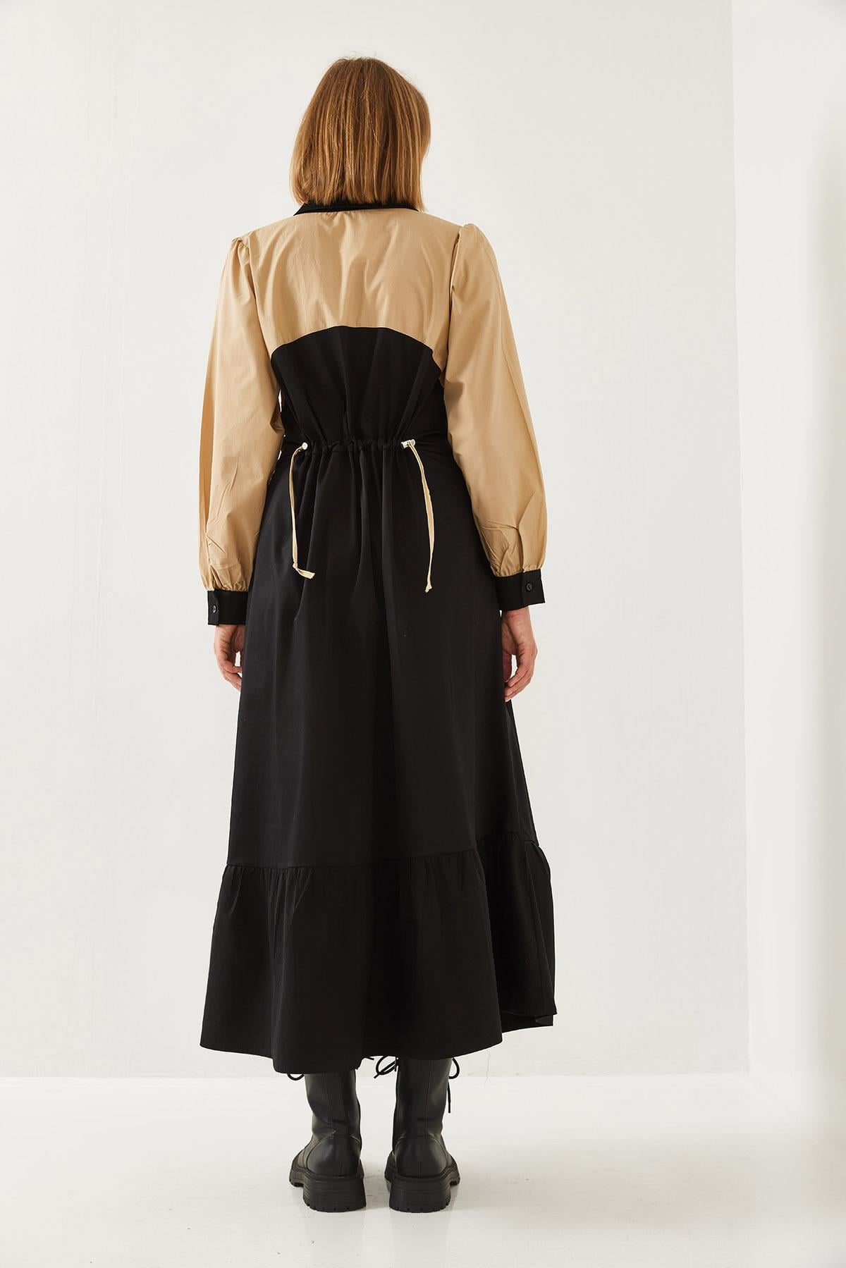 Bebe Yaka Beli Lastikli Uzun Kloş Elbise 8122 60351249 - Siyah-Bej