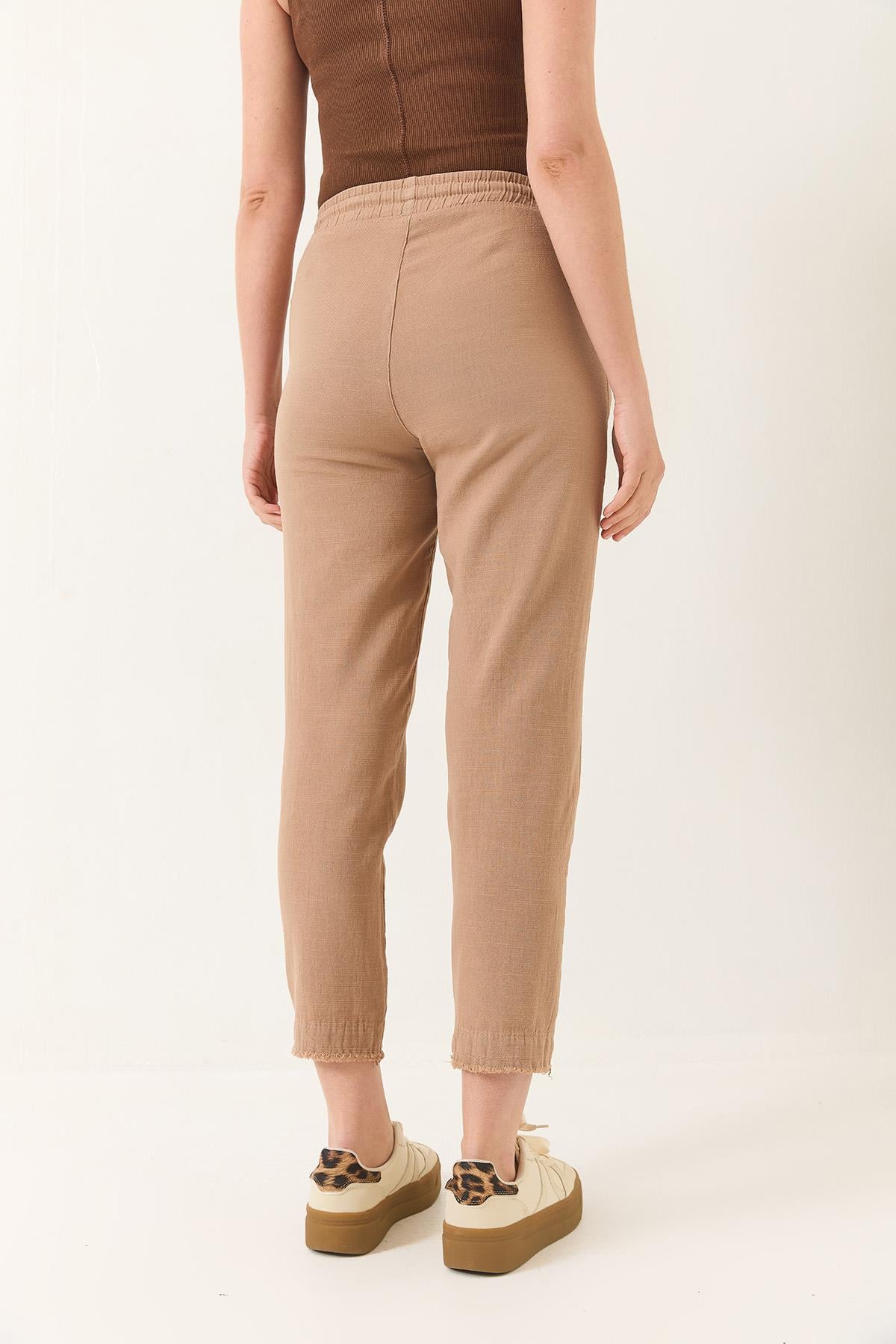 Beli Bağlamalı Paça Detaylı Cepli Keten Havuç Pantolon YP5134 60283180 - Vizon