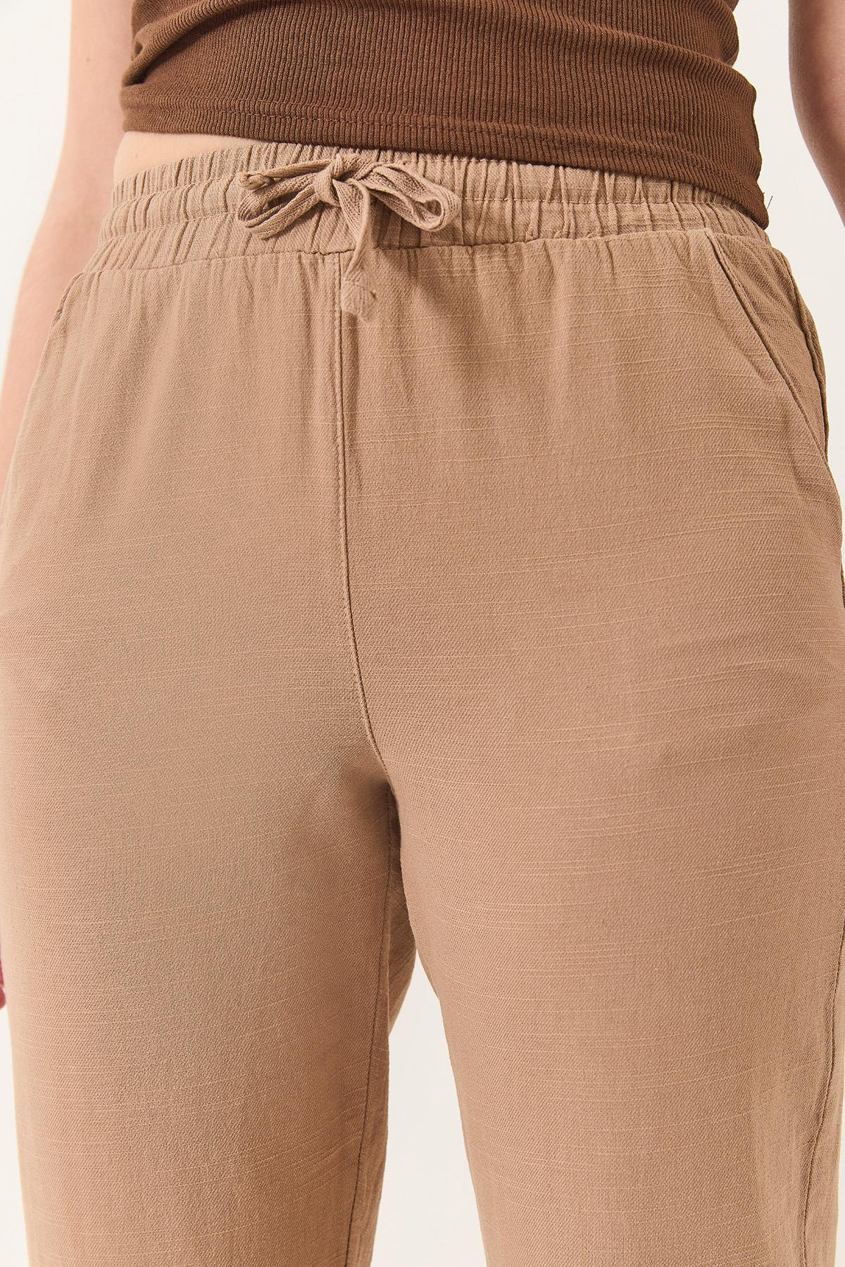 Beli Bağlamalı Paça Detaylı Cepli Keten Havuç Pantolon YP5134 60283180 - Vizon
