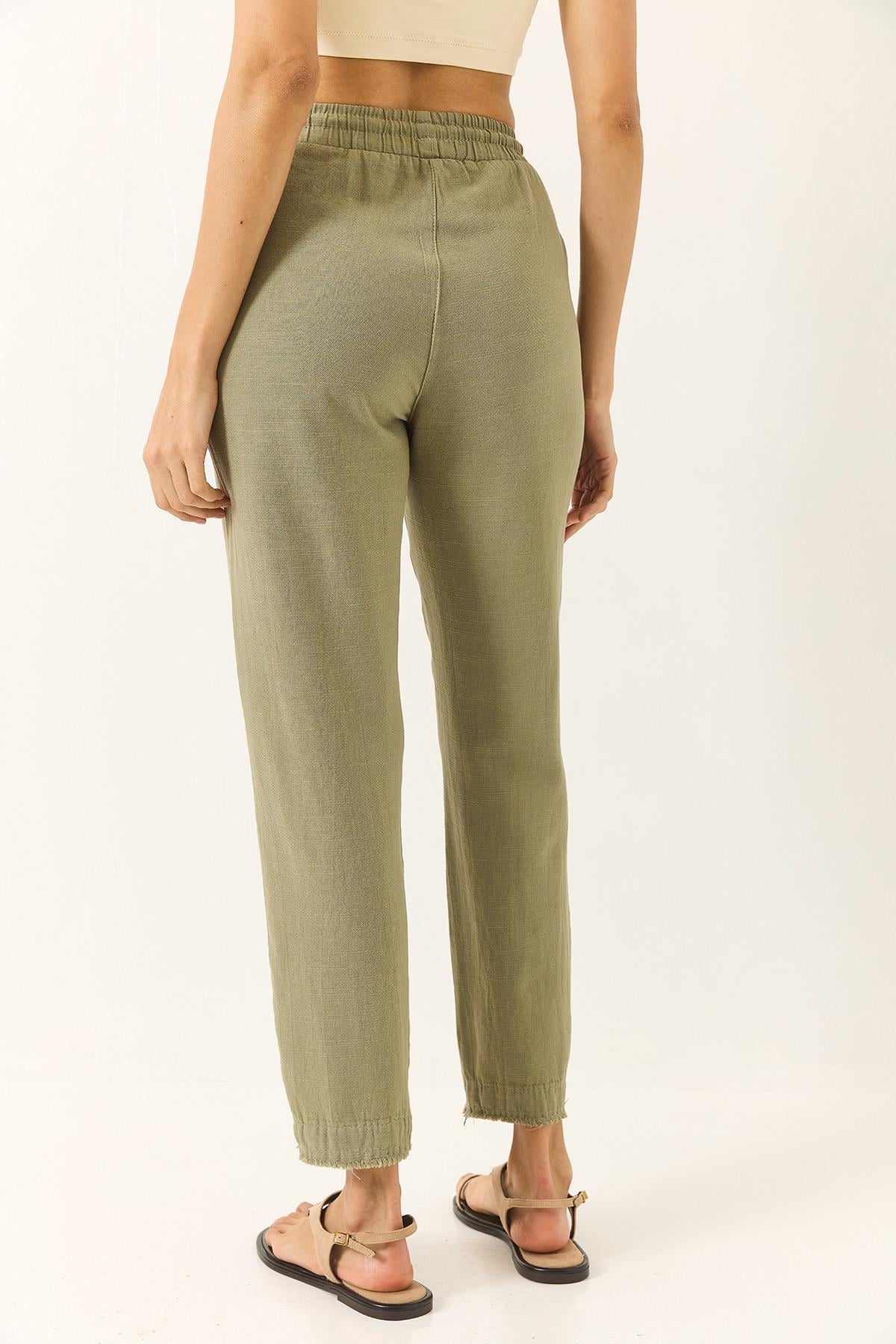 Beli Bağlamalı Paça Detaylı Cepli Keten Havuç Pantolon YP5134 60283180 - Haki