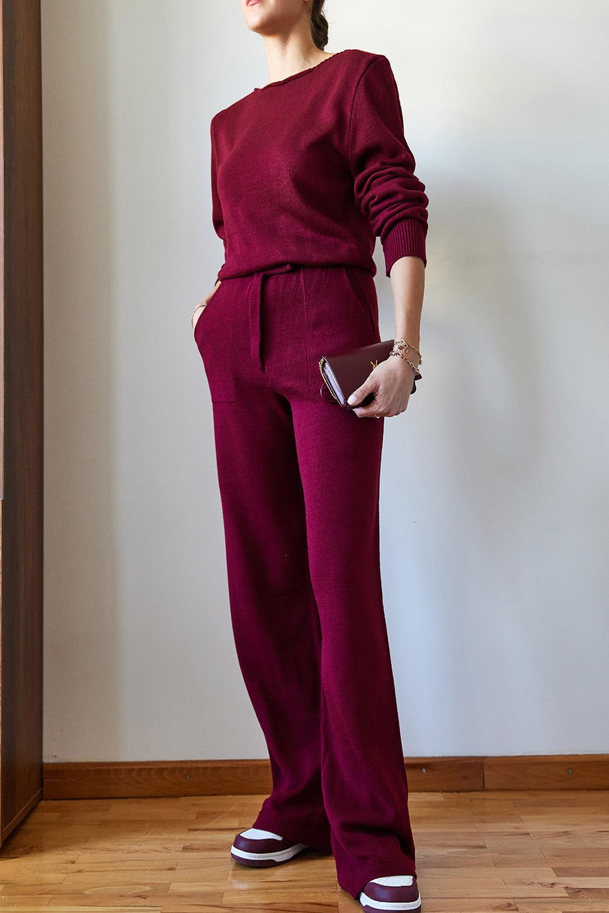 Beli Cırt Detaylı Basic Triko Alt-Üst Takım 60651006 - Bordo