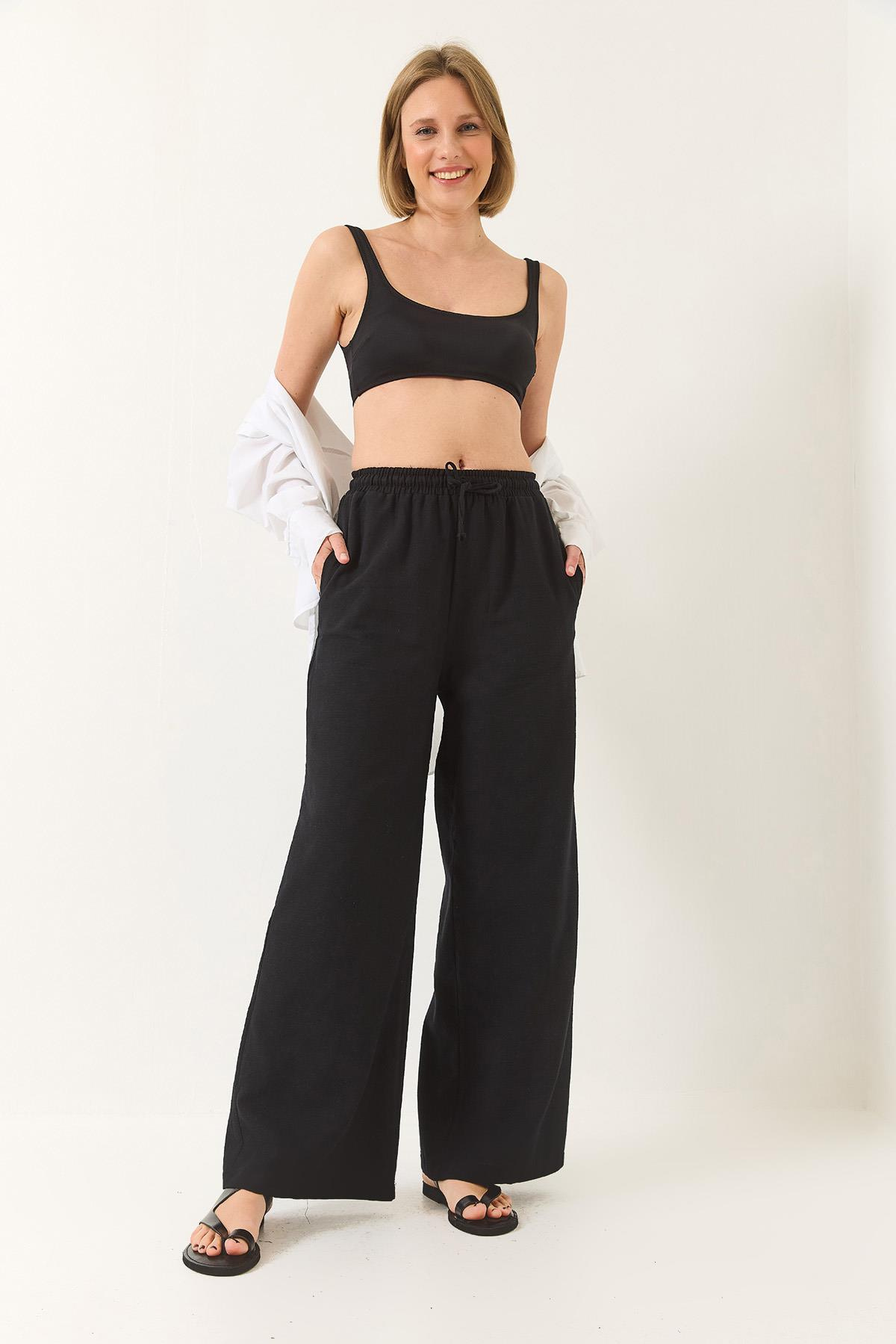 Beli Lastikli Bağlama Detaylı Cepli Keten Geniş Jogger Pantolon 3235 60281035 - Siyah