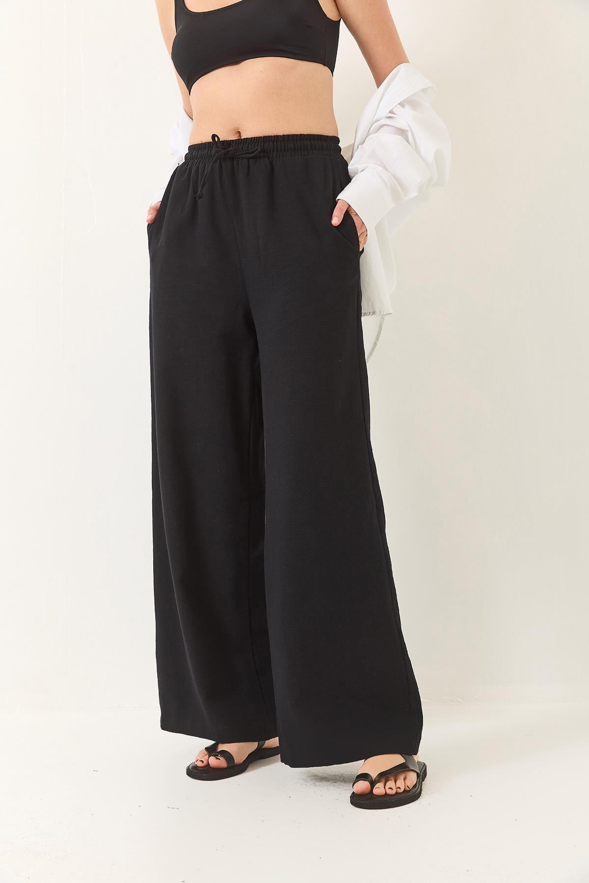 Beli Lastikli Bağlama Detaylı Cepli Keten Geniş Jogger Pantolon 3235 60281035 - Siyah