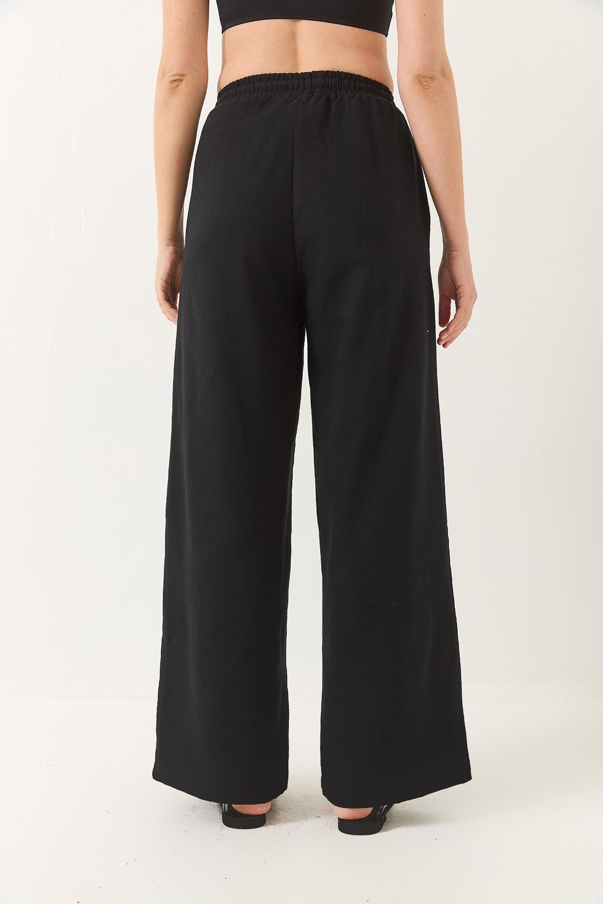 Beli Lastikli Bağlama Detaylı Cepli Keten Geniş Jogger Pantolon 3235 60281035 - Siyah