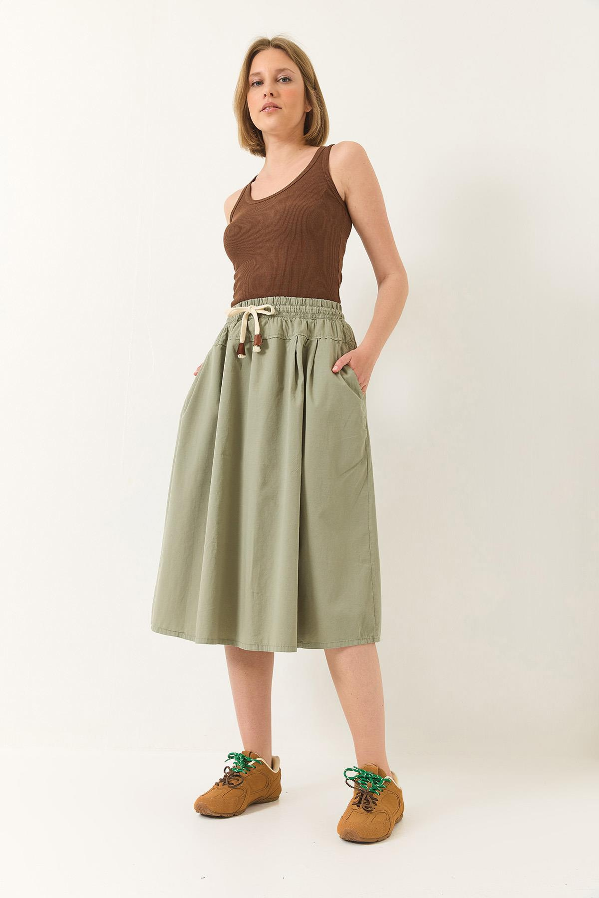 Beli Lastikli Bağlama Detaylı Cepli Poplin Etek YE4348 60283181 - Haki