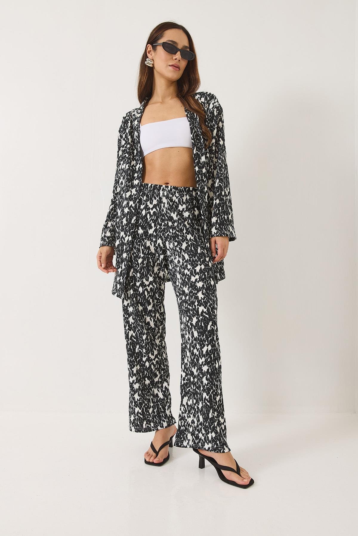 Beli Lastikli Desenli Bürümcük Kimono Alt-Üst Takım 0245 60284031 - Siyah-Beyaz