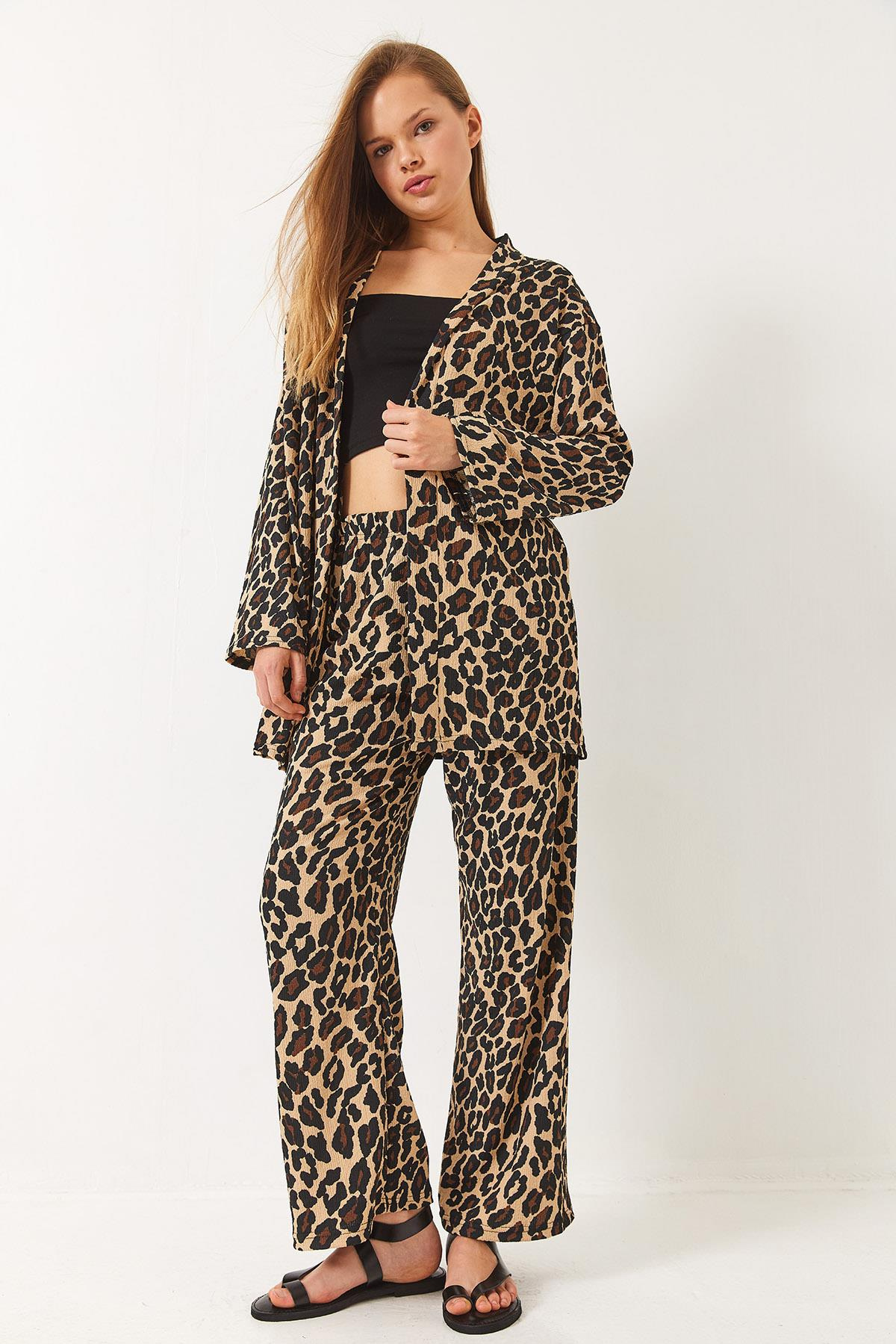 Beli Lastikli Leopar Desenli Bürümcük Kimono Alt-Üst Takım 0245 60284023 - Bej-Siyah