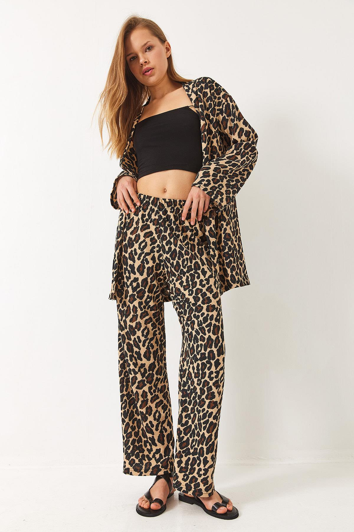 Beli Lastikli Leopar Desenli Bürümcük Kimono Alt-Üst Takım 0245 60284023 - Bej-Siyah