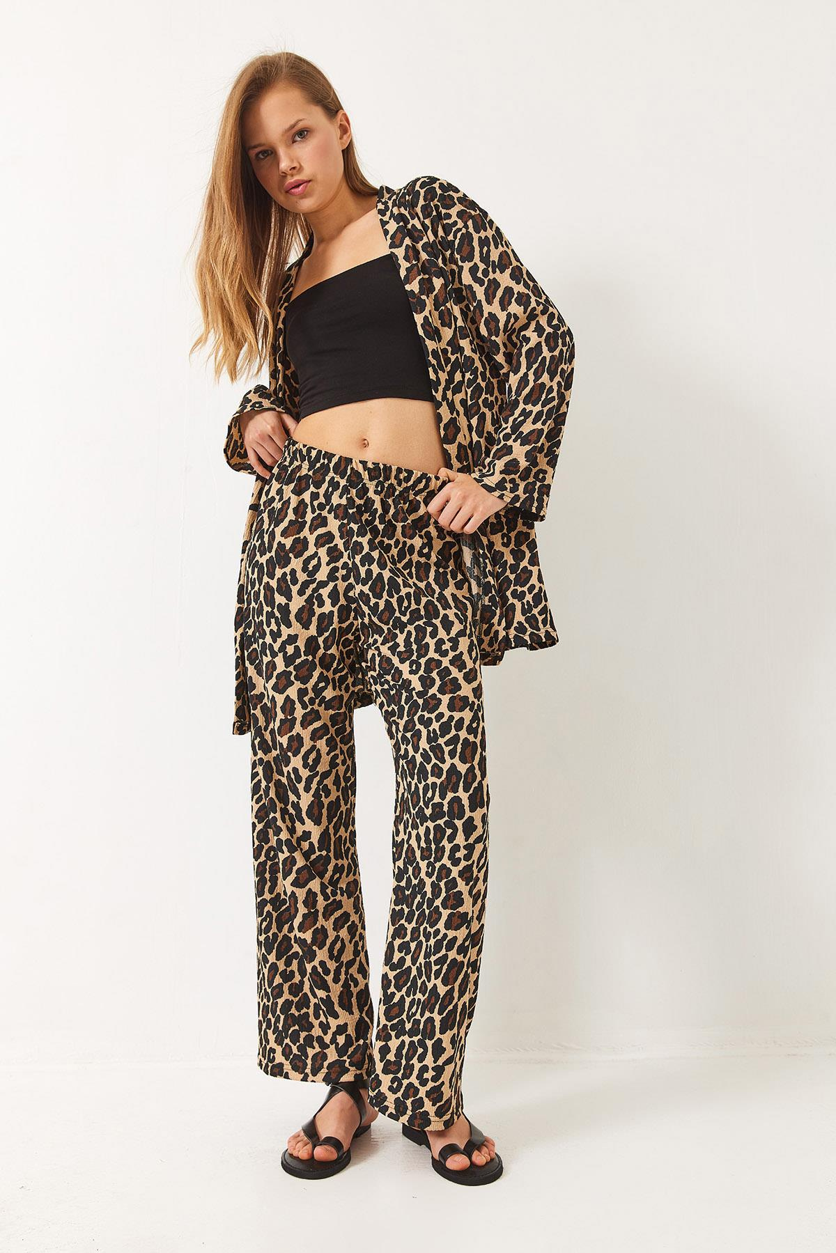 Beli Lastikli Leopar Desenli Bürümcük Kimono Alt-Üst Takım 0245 60284023 - Bej-Siyah