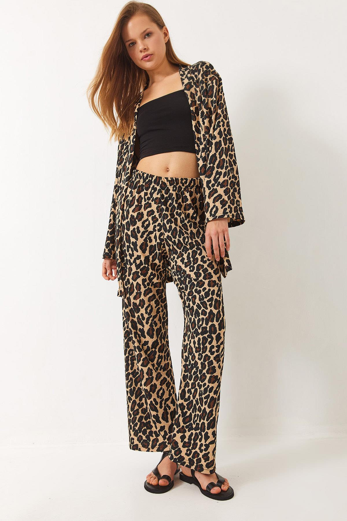 Beli Lastikli Leopar Desenli Bürümcük Kimono Alt-Üst Takım 0245 60284023 - Bej-Siyah
